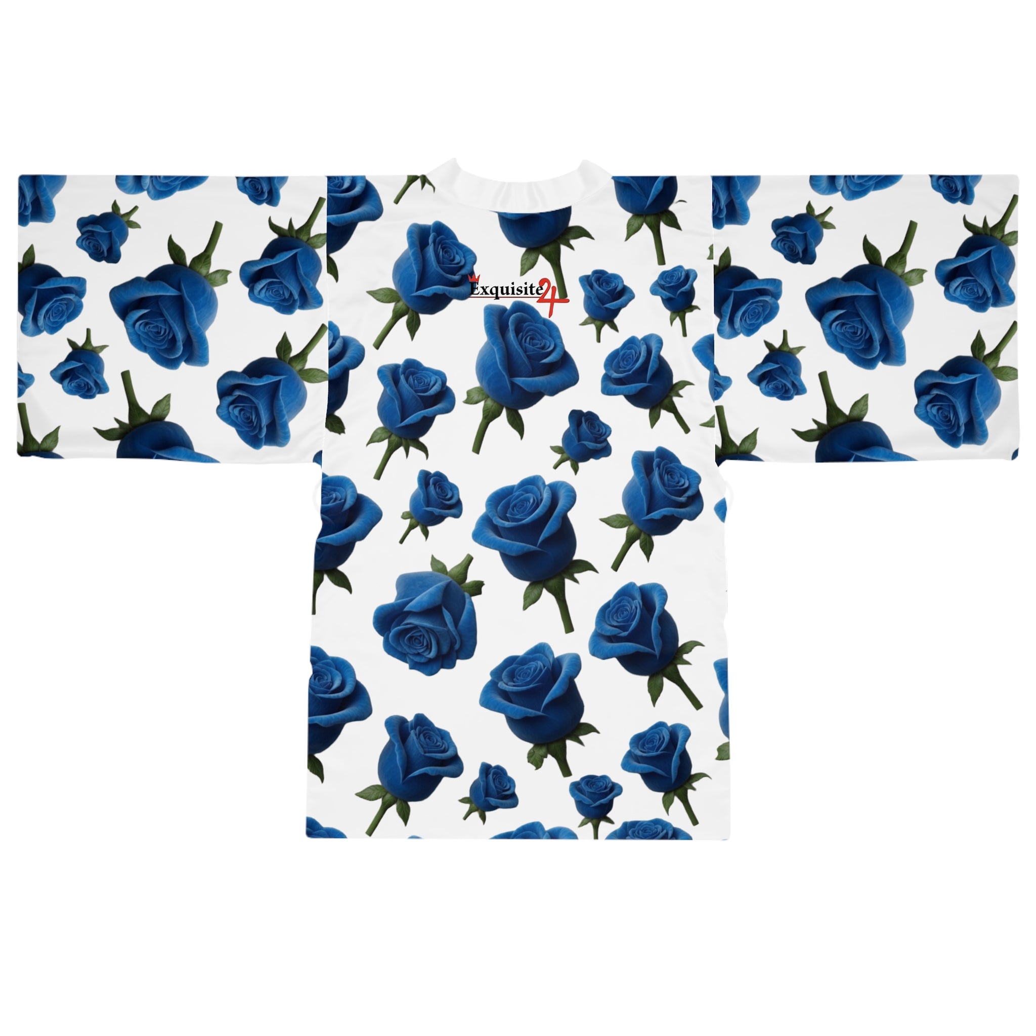 Blue Rose Kimono Robe — Long Sleeve Floral Lounge Wrap