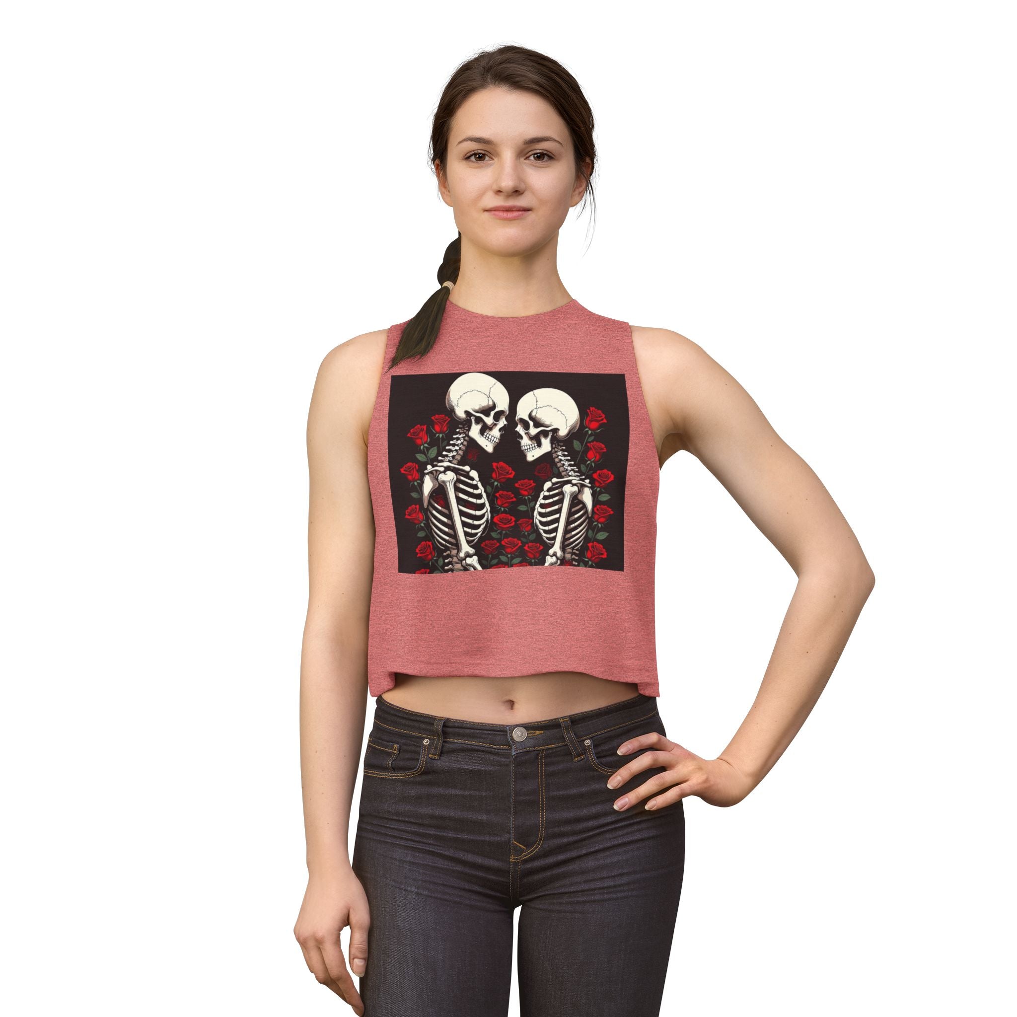 Skeleton Kiss Crop Top — Gothic Rose Couple Graphic Tank