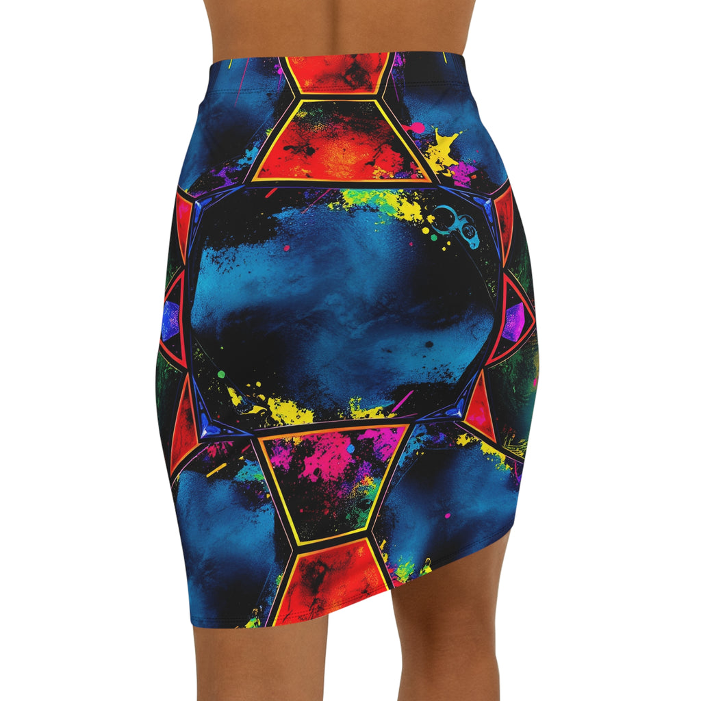 Nebula Geometric Pencil Skirt — Vibrant Galaxy Print Mid‑Waist Skirt