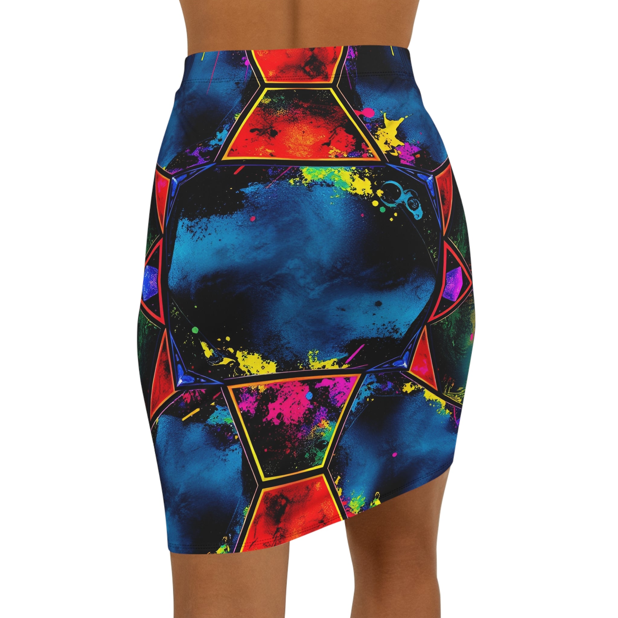 Nebula Geometric Pencil Skirt — Vibrant Galaxy Print Mid‑Waist Skirt