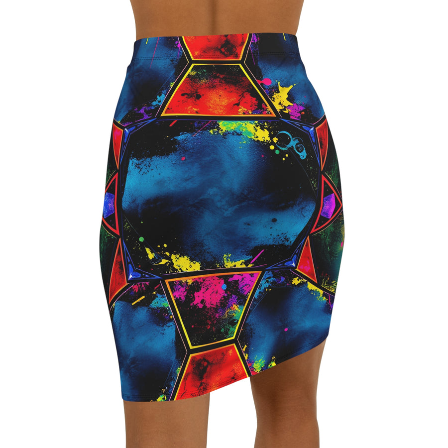 Nebula Geometric Pencil Skirt — Vibrant Galaxy Print Mid‑Waist Skirt