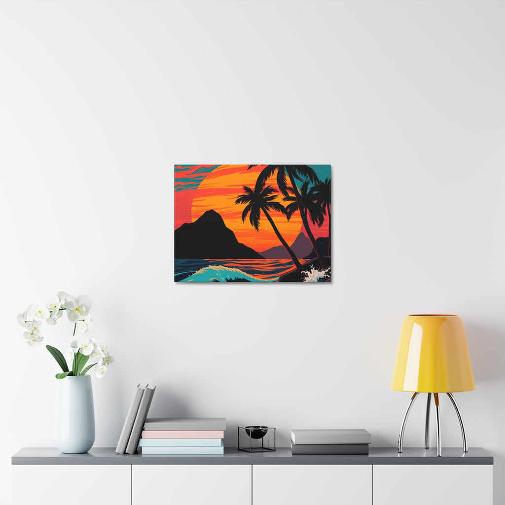 Tropical Sunset Canvas Wall Art — Palm Trees and Ocean Waves Stretched Canvas