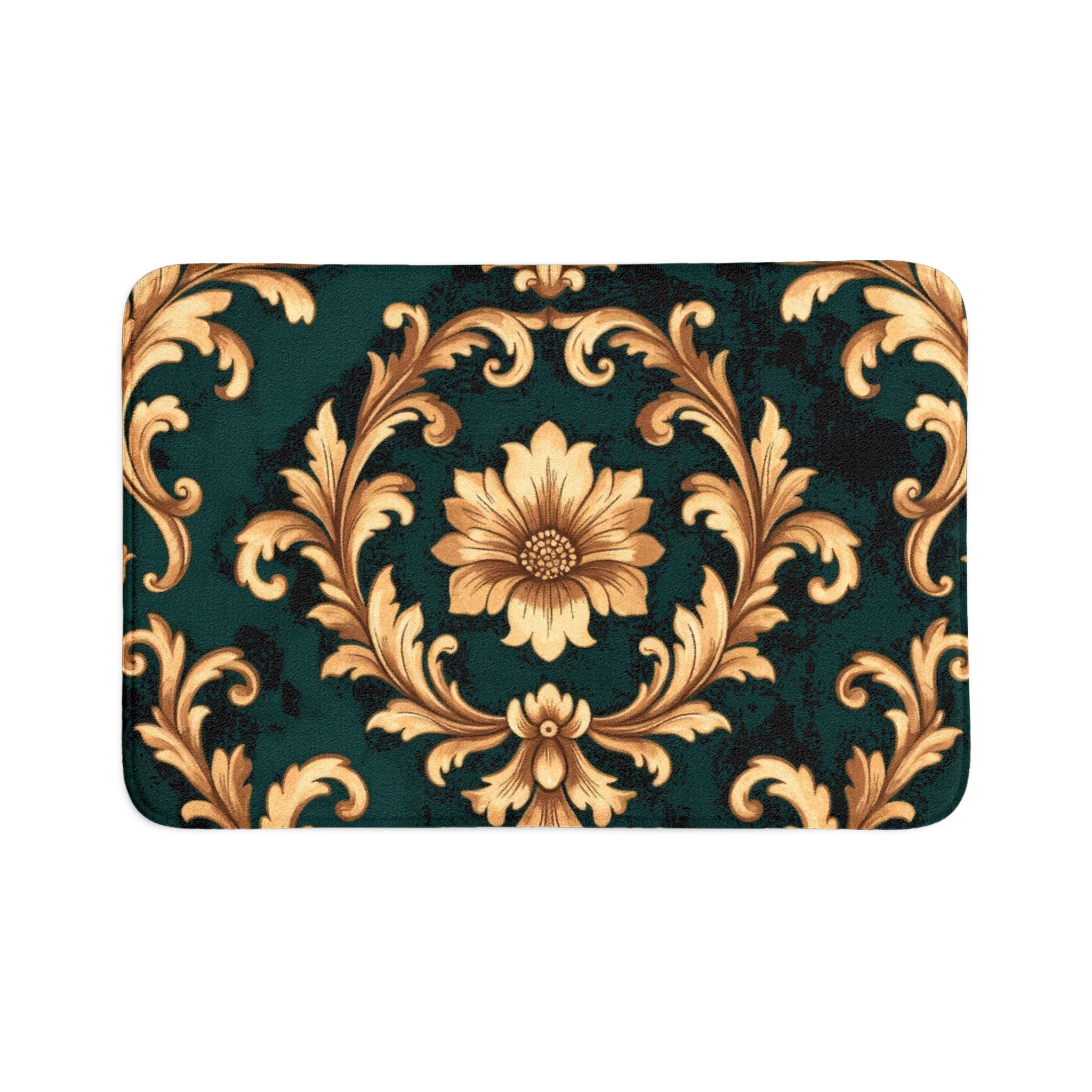 Baroque Floral Toilet 3-Piece Bath Mat Set – Emerald & Gold Ornate Design