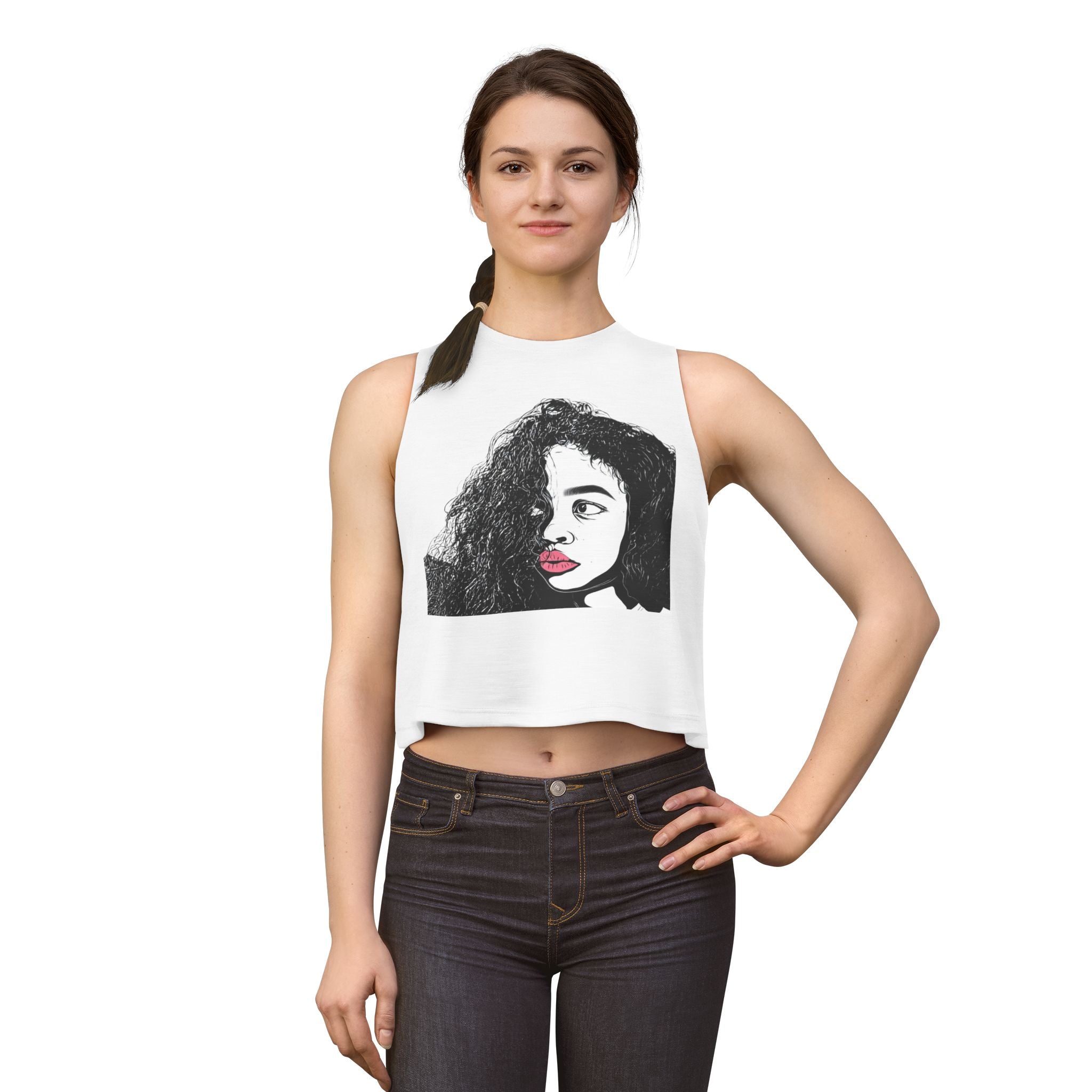 Artistic Curly Hair Woman Crop Top — Graphic Portrait Tank with Pink Lips