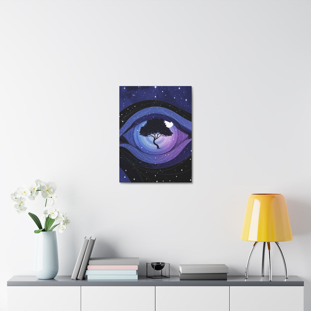 Night Tree Stretched Canvas Wall Art — Mystical Purple Galaxy Eye Design