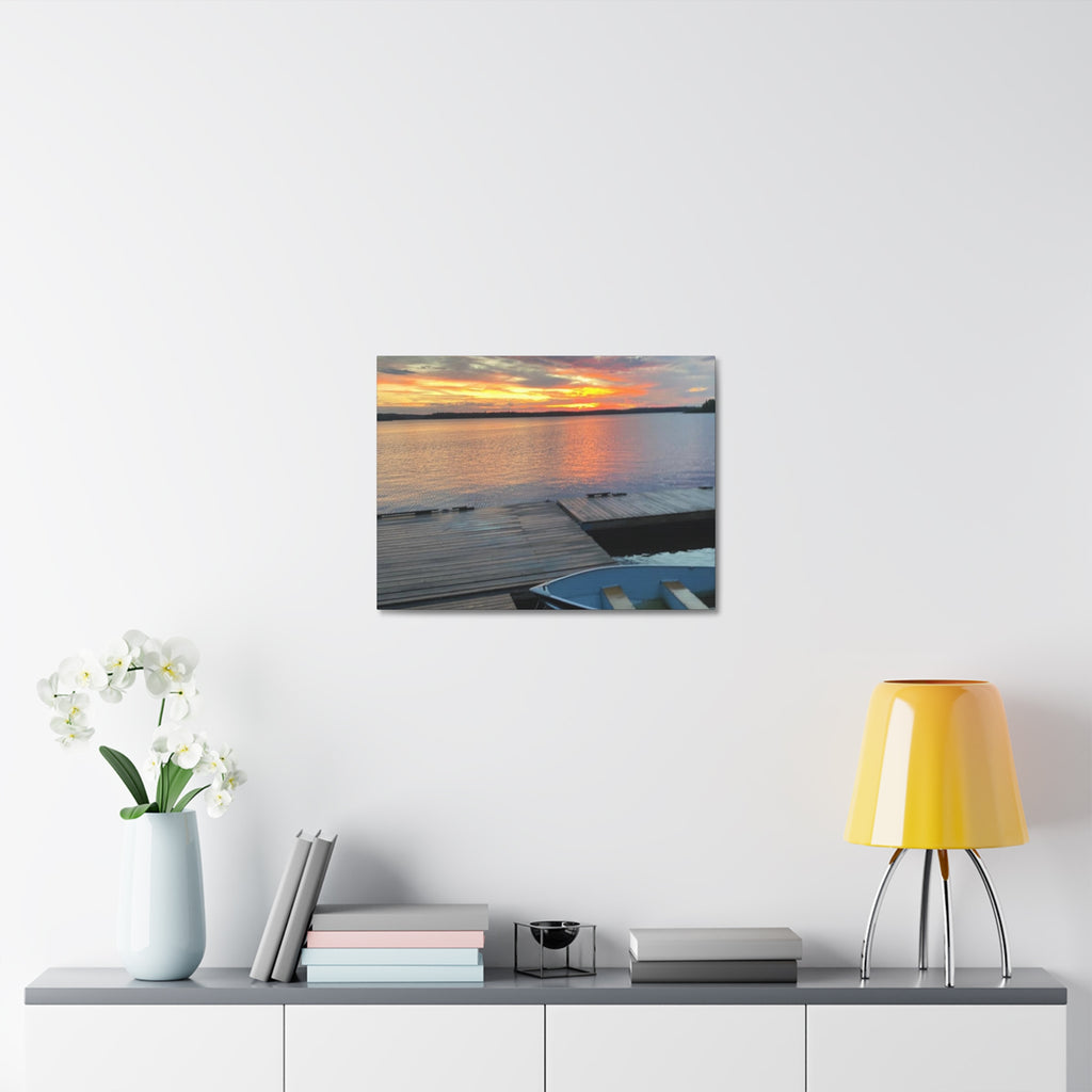 Sunset Lake Dock Stretched Canvas - Tranquil Waterfront Wall Art