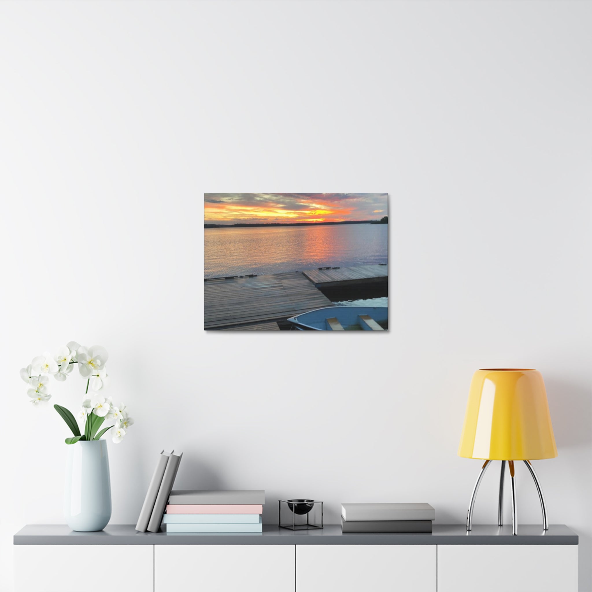 Sunset Lake Dock Stretched Canvas - Tranquil Waterfront Wall Art