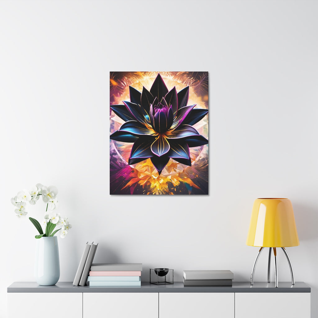 Black Lotus Bloom Canvas Wall Art - Vibrant Black & Gold Floral Stretched Canvas