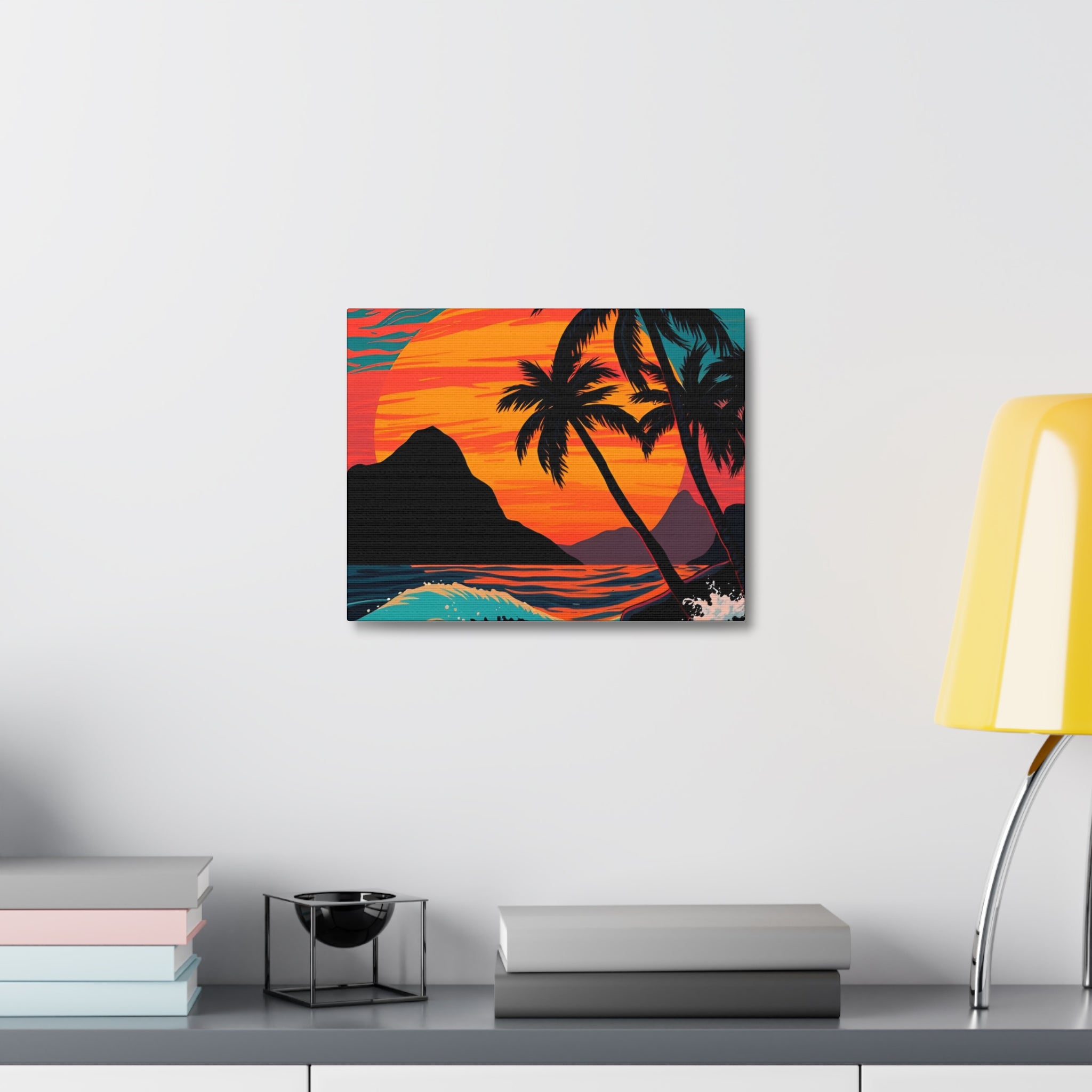 Tropical Sunset Canvas Wall Art — Palm Trees and Ocean Waves Stretched Canvas