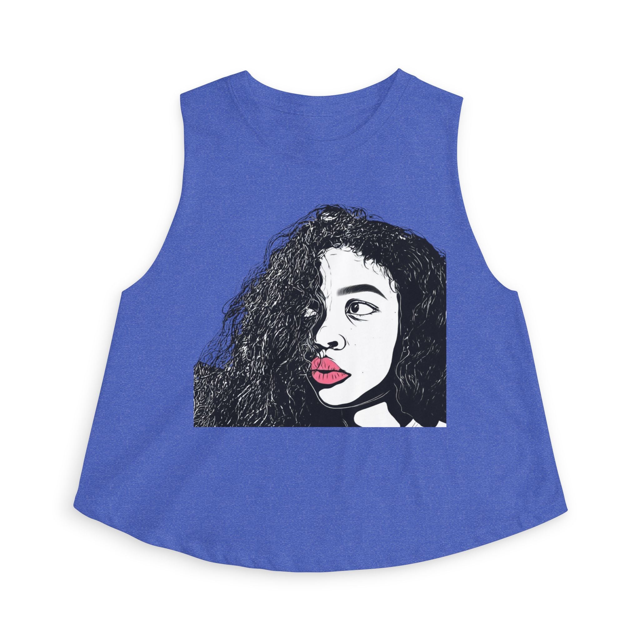Artistic Curly Hair Woman Crop Top — Graphic Portrait Tank with Pink Lips