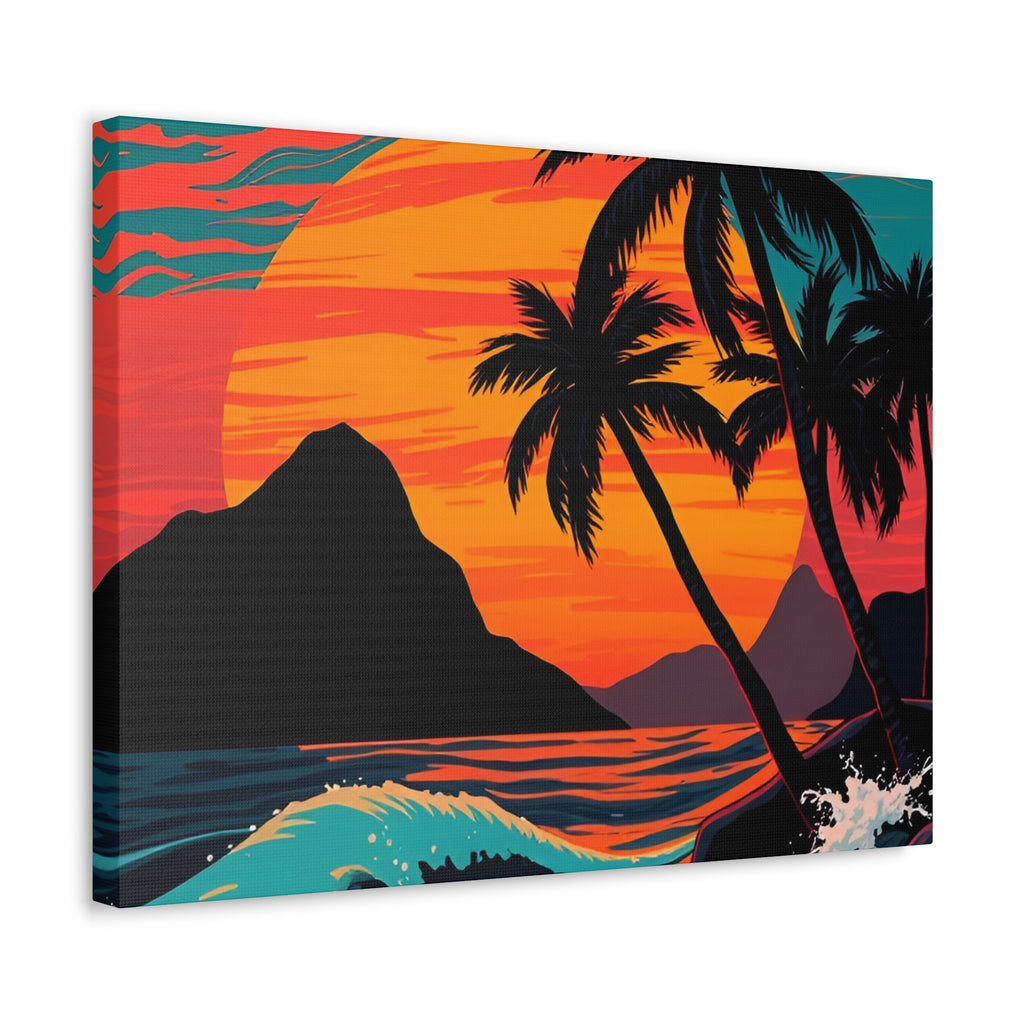Tropical Sunset Canvas Wall Art — Palm Trees and Ocean Waves Stretched Canvas