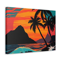 Tropical Sunset Canvas Wall Art — Palm Trees and Ocean Waves Stretched Canvas
