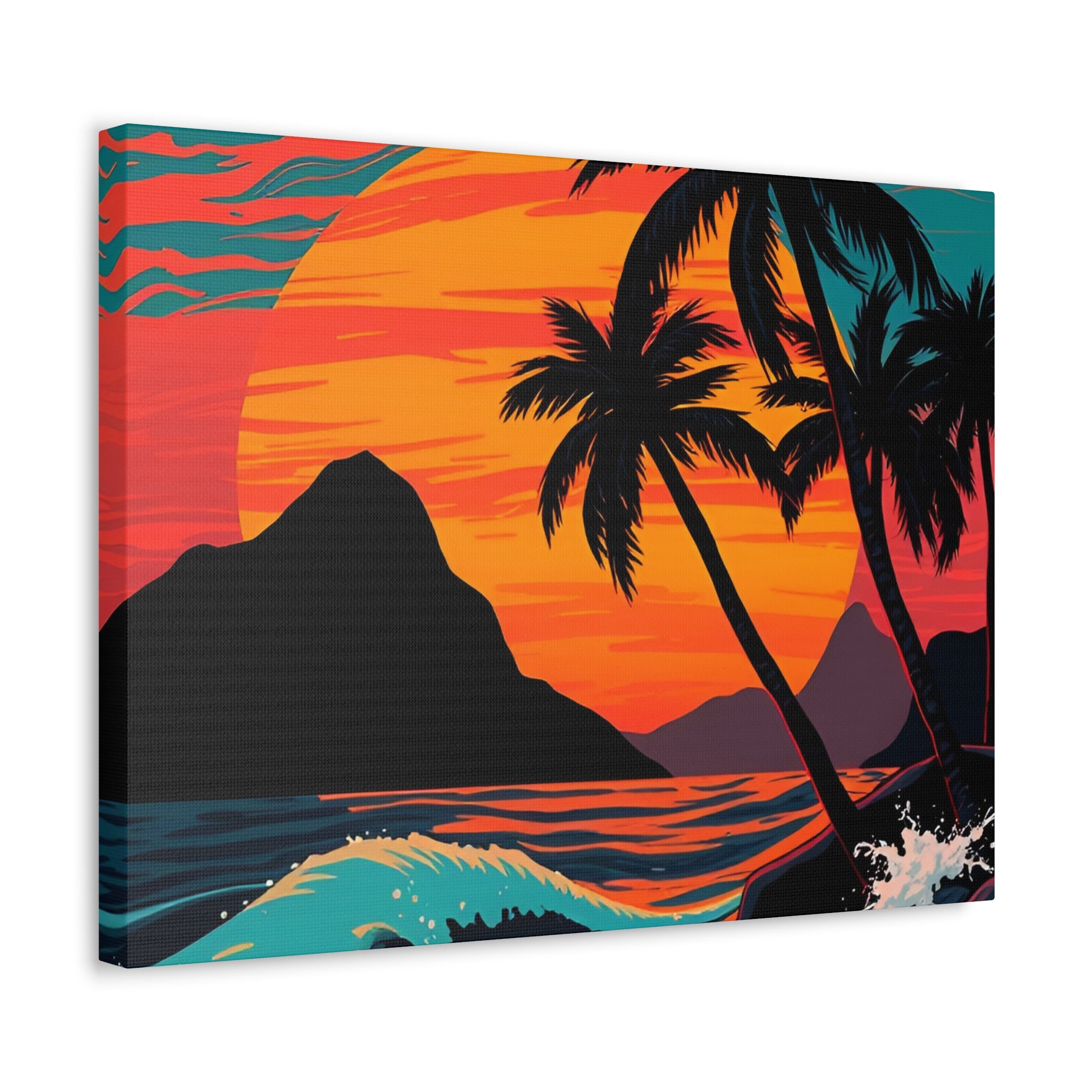 Tropical Sunset Canvas Wall Art — Palm Trees and Ocean Waves Stretched Canvas