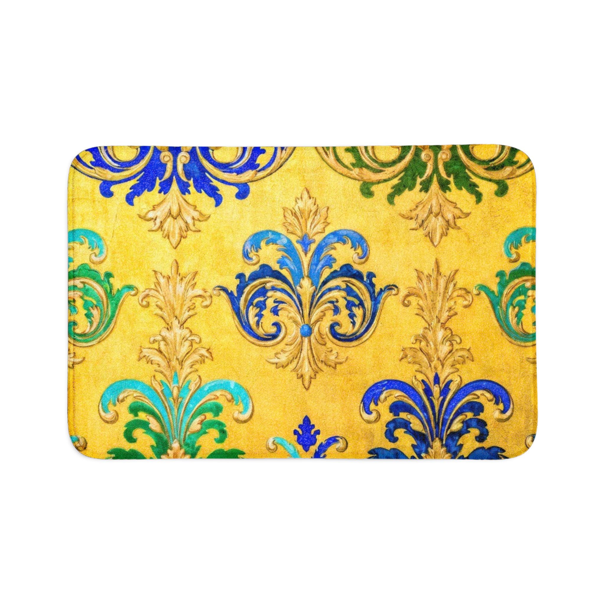 Baroque Fleur Toilet Seat & Rug Set – Yellow Blue Green 3-Piece Bathroom Decor