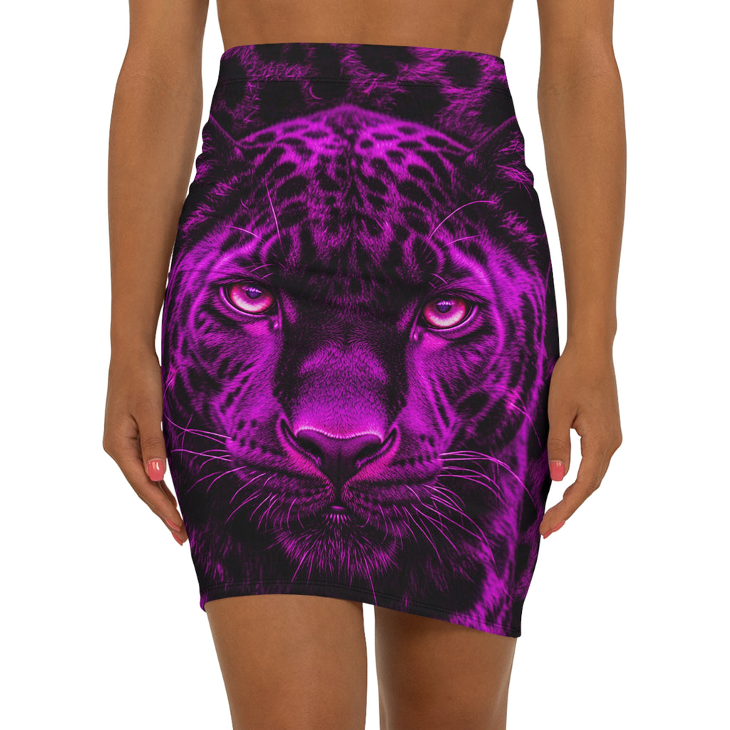 Purple Leopard Face Pencil Skirt — Bold Animal Print Mid-Waist Skirt