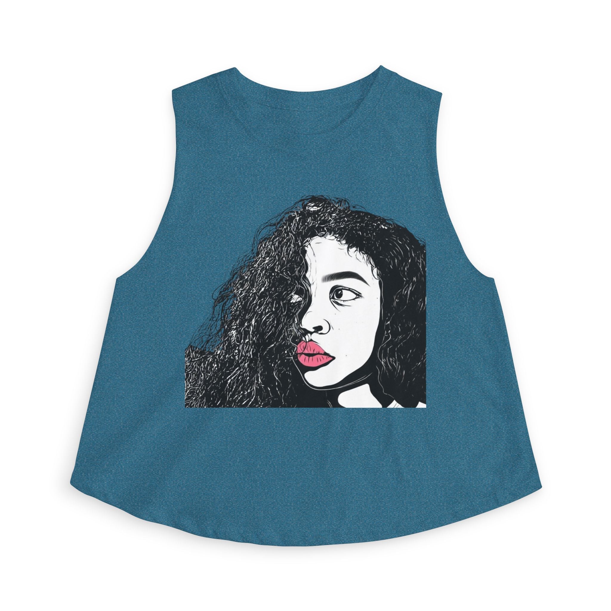 Artistic Curly Hair Woman Crop Top — Graphic Portrait Tank with Pink Lips