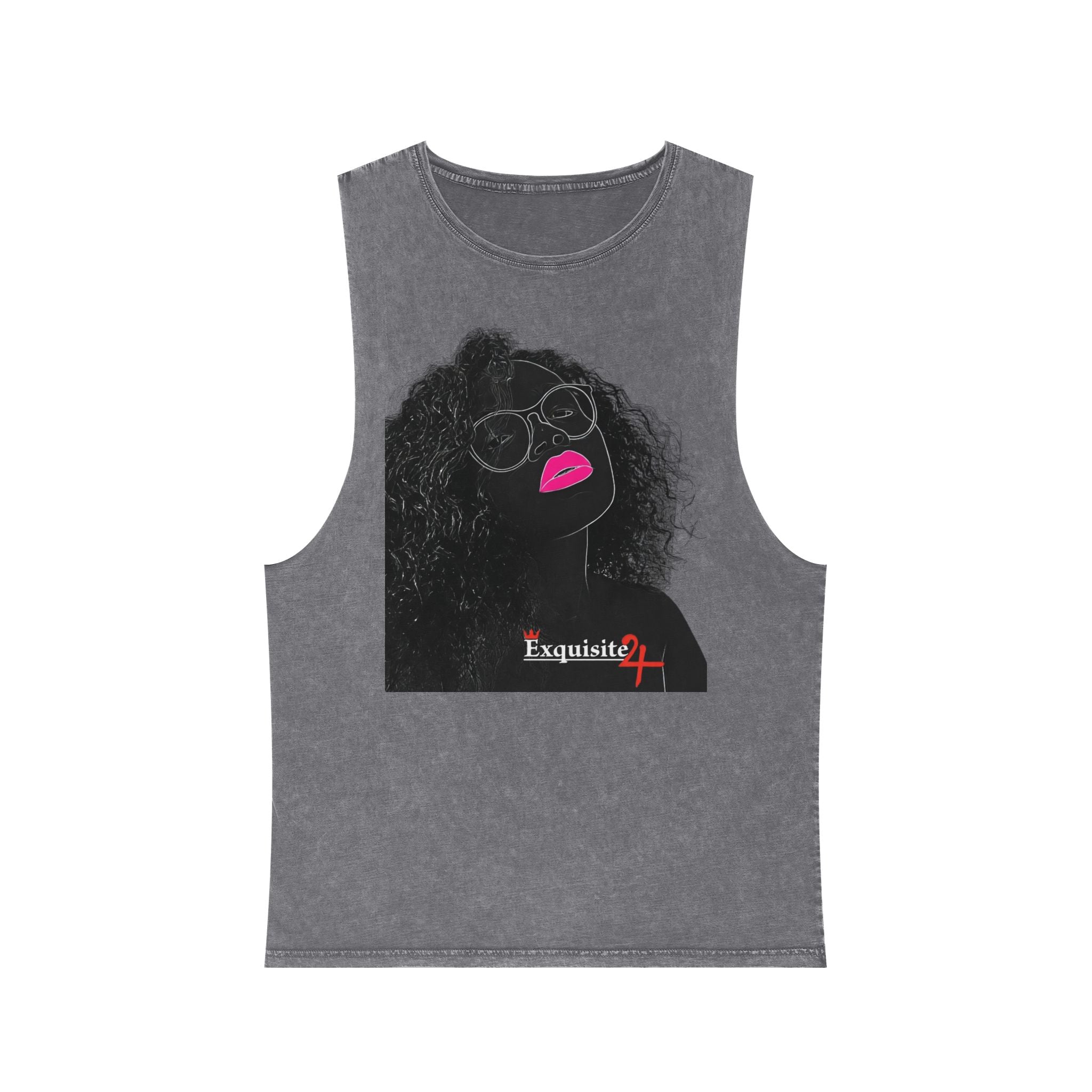 Stonewash Graphic Tank Top — Neon Lips & Red Gem Artwork