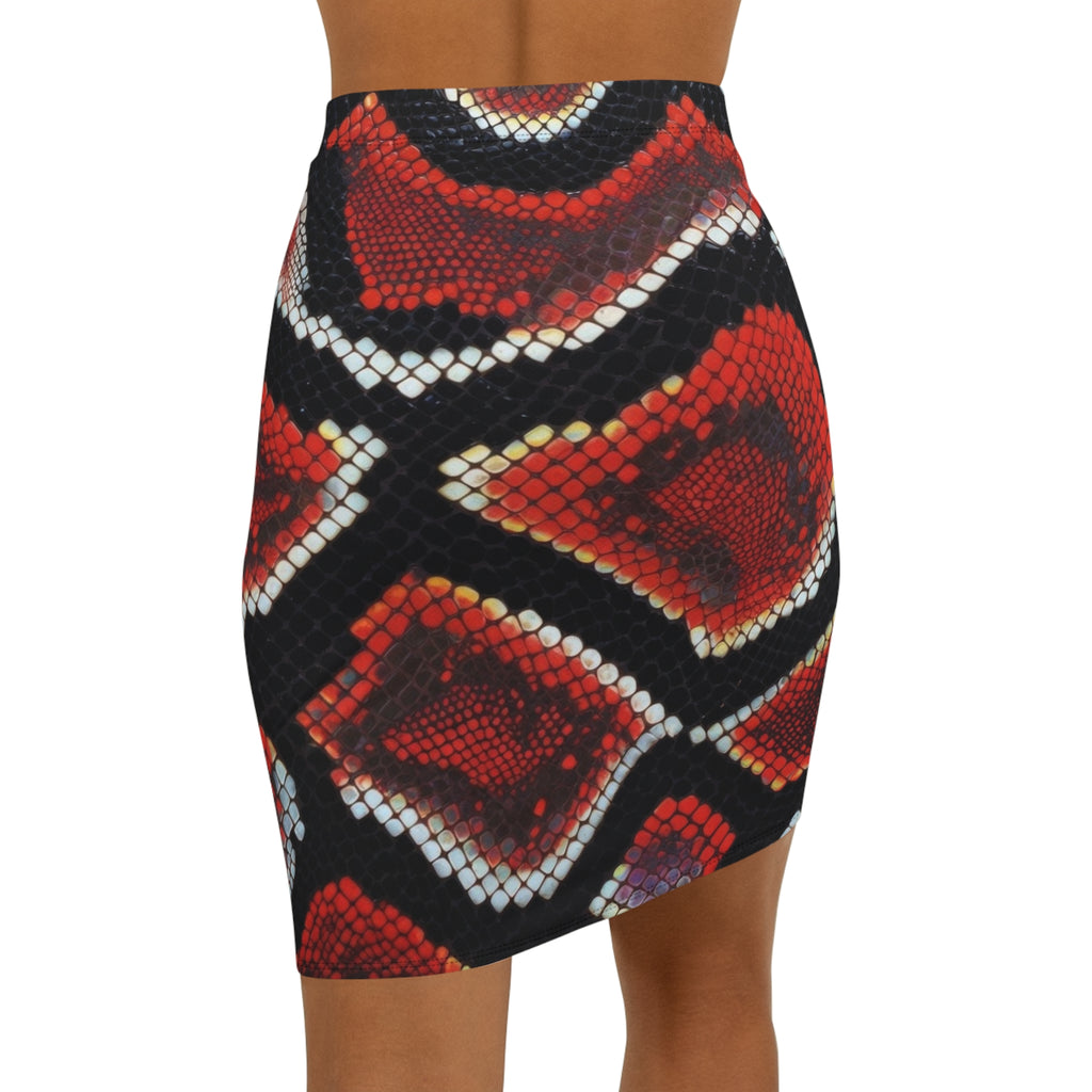 Red Snake Print Pencil Skirt — Women's Mid-Waist Animal Print