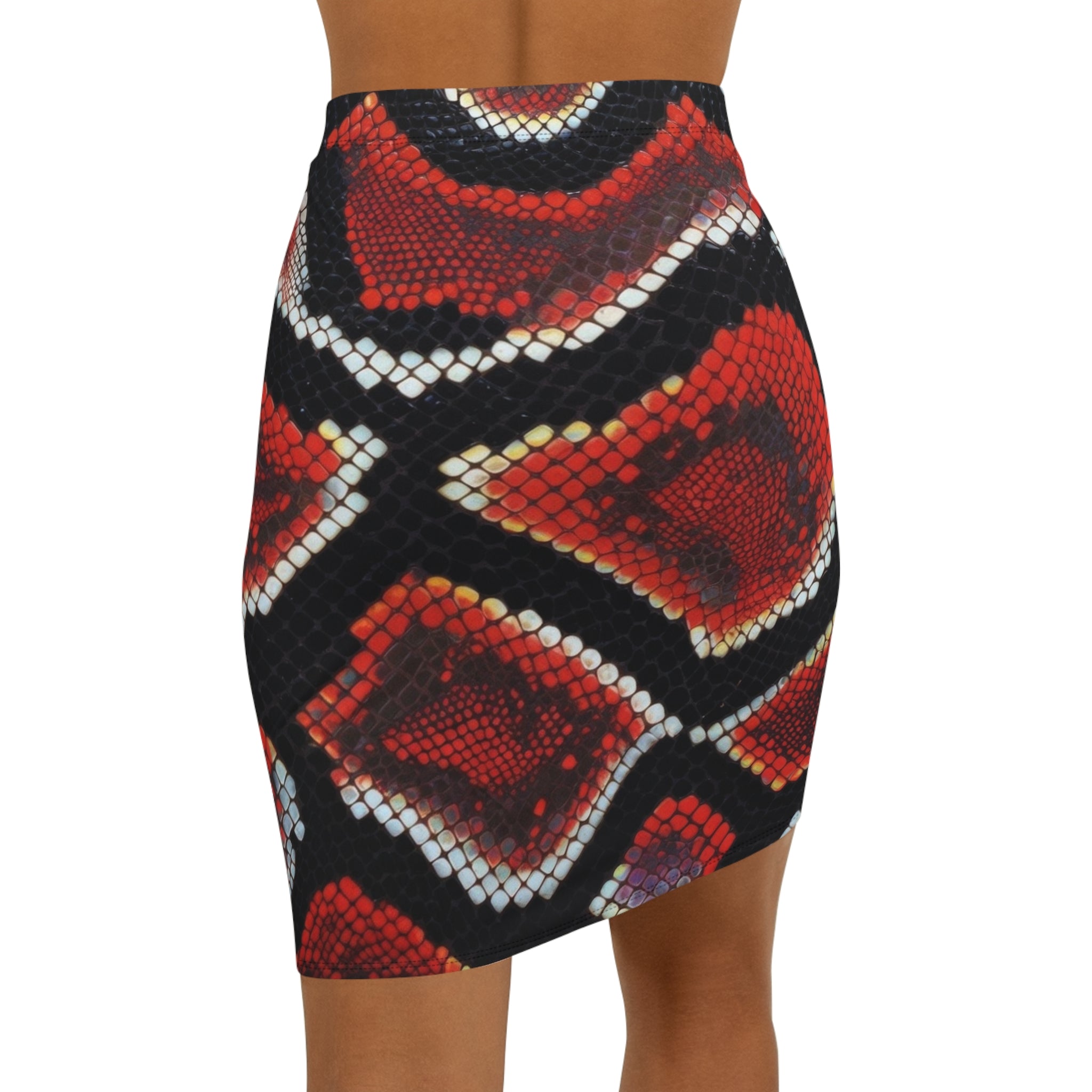Red Snake Print Pencil Skirt — Women's Mid-Waist Animal Print