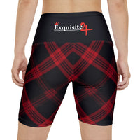 Red Black Plaid Women's Workout Shorts with Logo Waistband