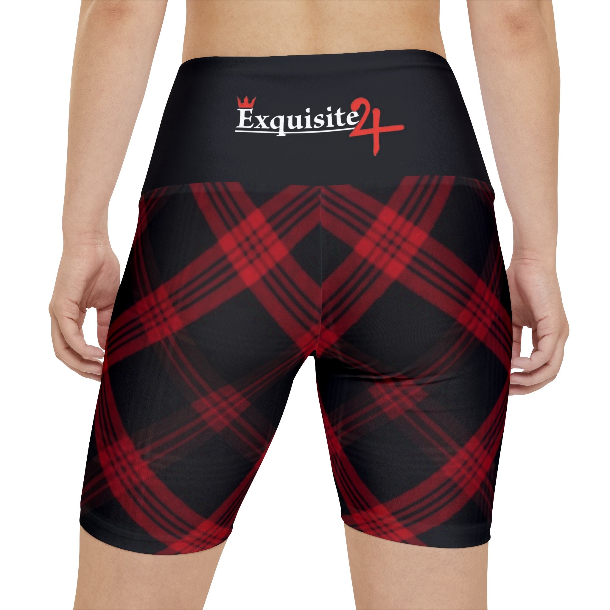 Red Black Plaid Women's Workout Shorts with Logo Waistband