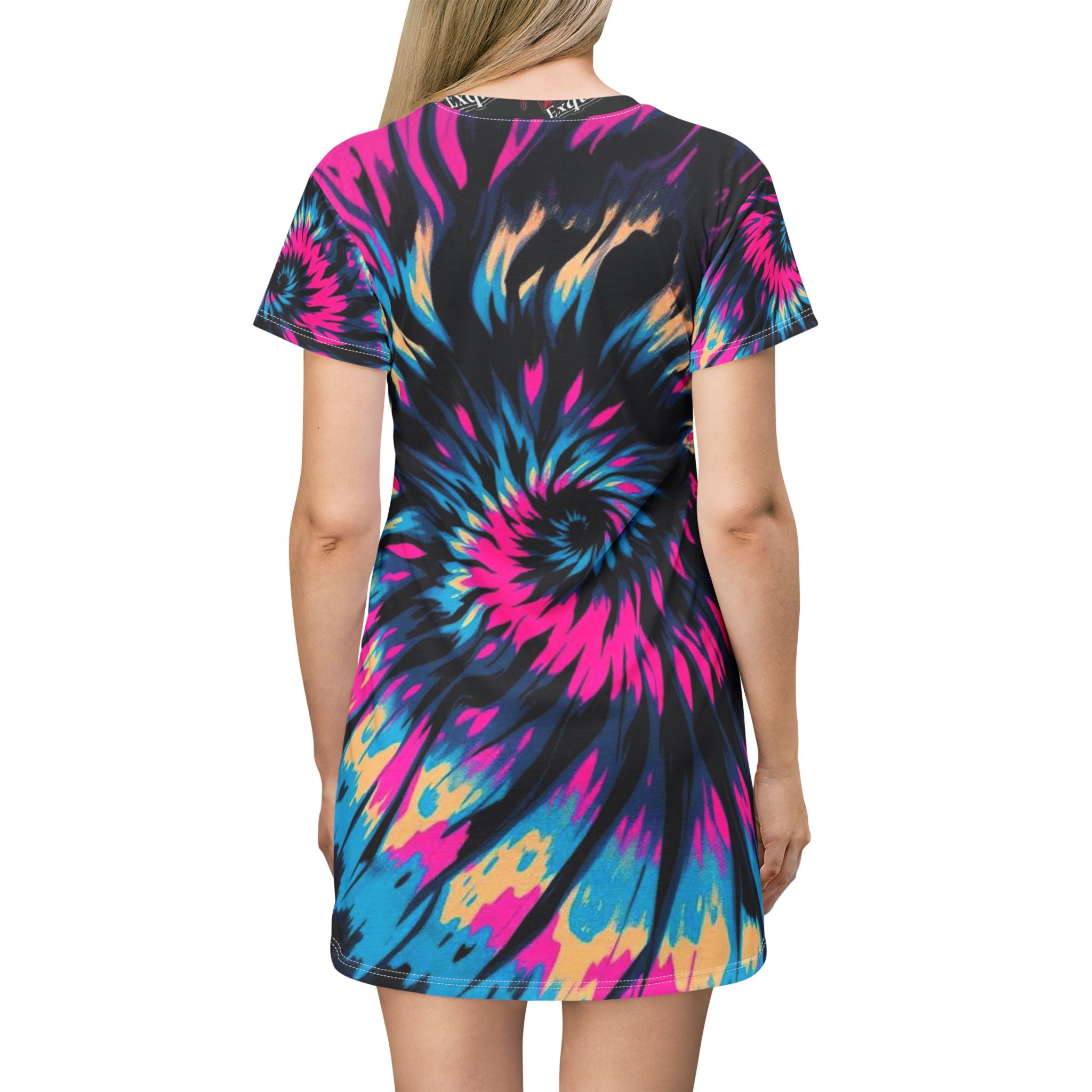 Tie-Dye Spiral T-Shirt Dress — Vibrant Pink & Blue All-Over Print