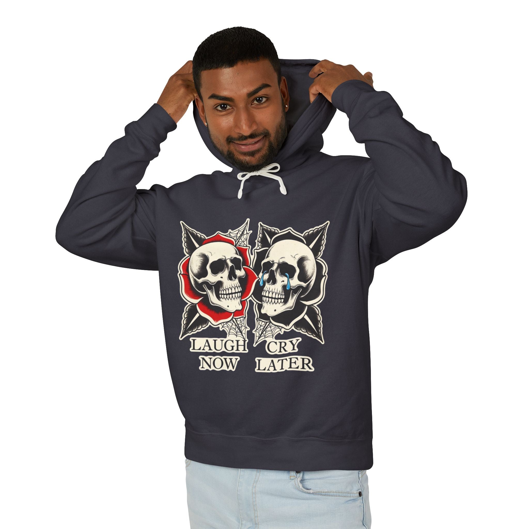 Laugh Now Cry Later Skull Hoodie — Vintage Expressive Skull Hooded Sweatshirt