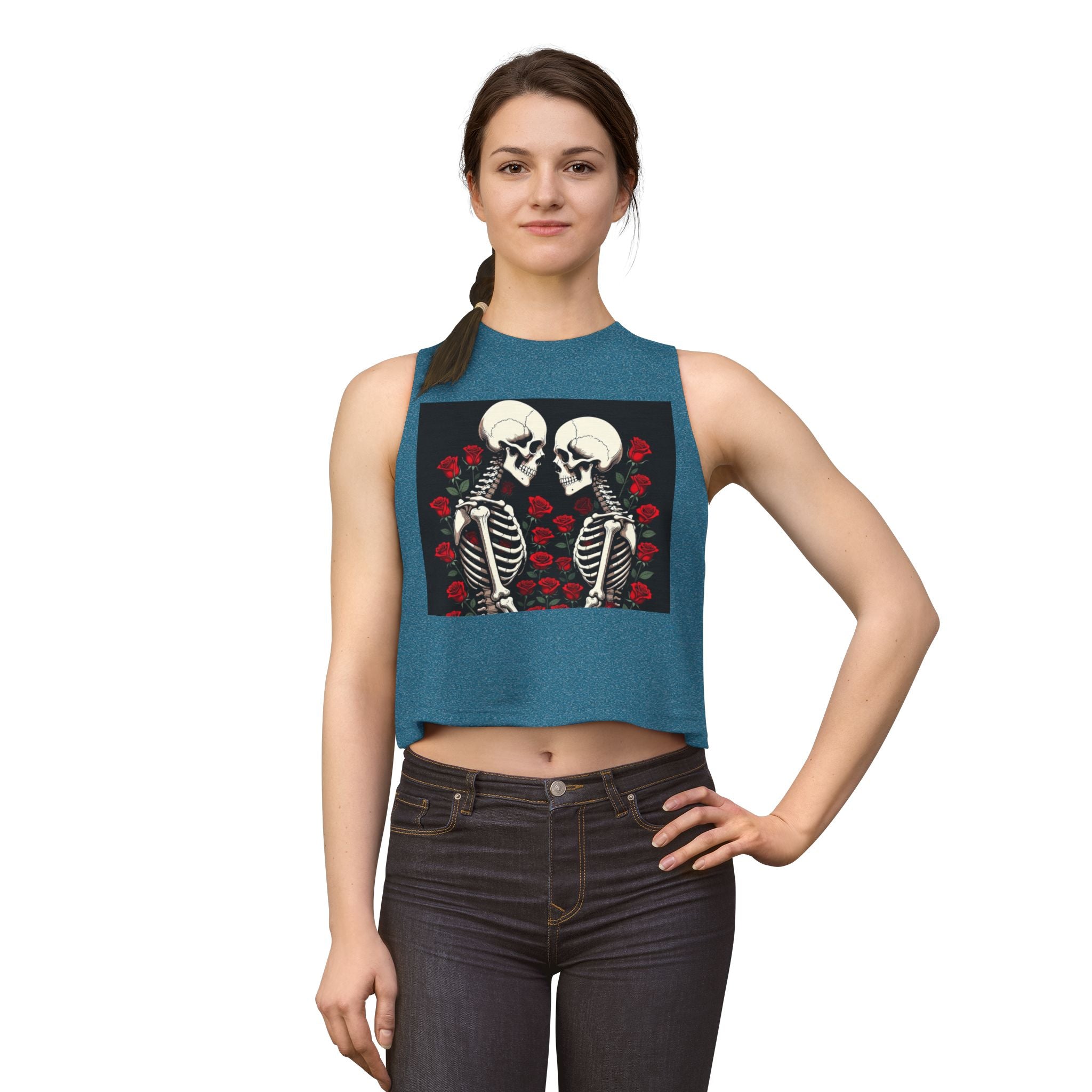 Skeleton Kiss Crop Top — Gothic Rose Couple Graphic Tank