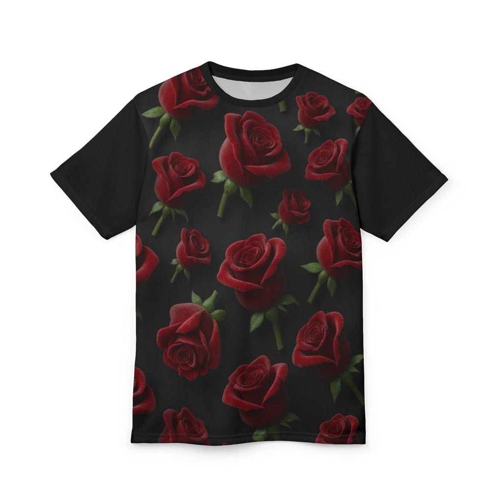 Rose Pattern Tee — Red Roses All-Over Print Black Graphic Shirt