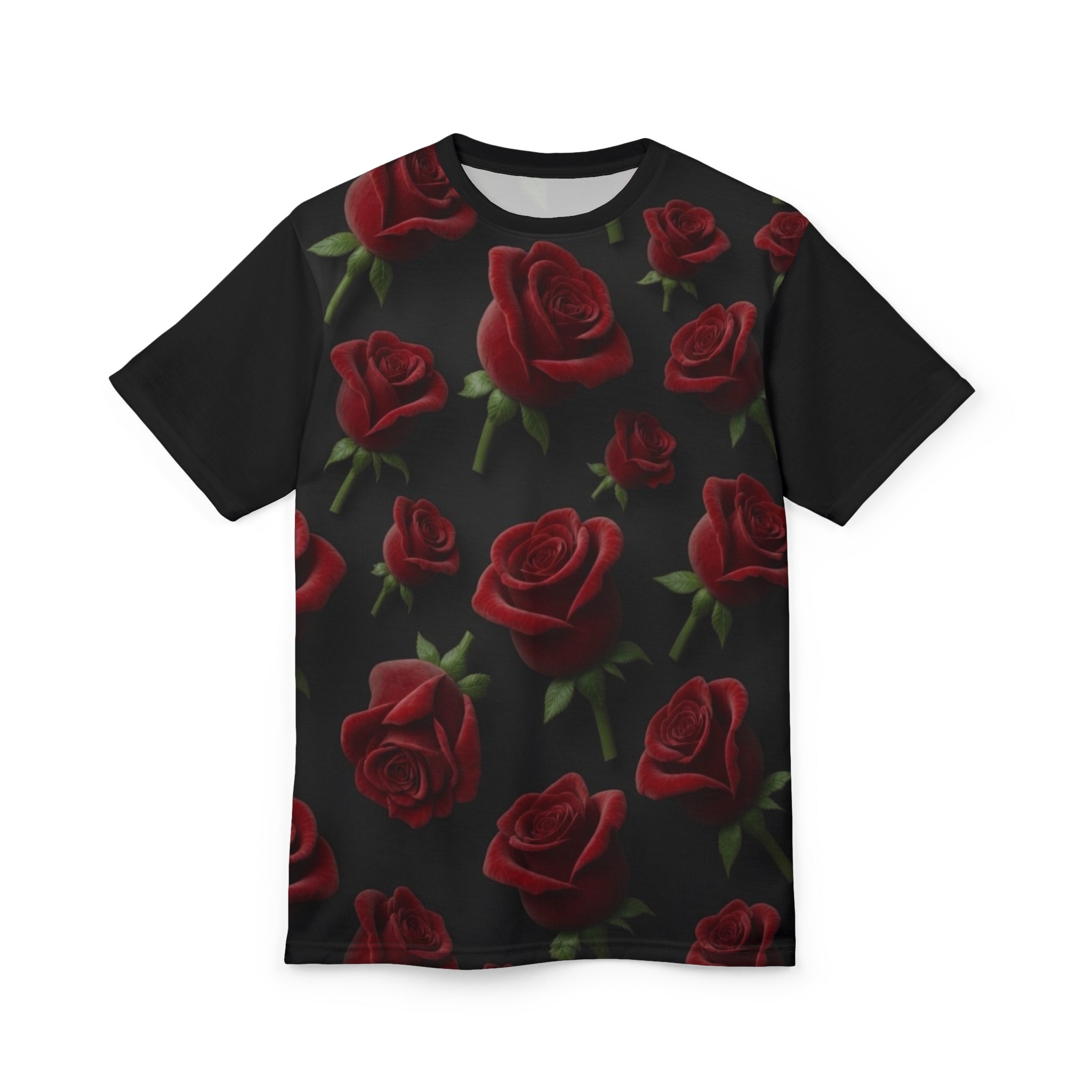 Rose Pattern Tee — Red Roses All-Over Print Black Graphic Shirt