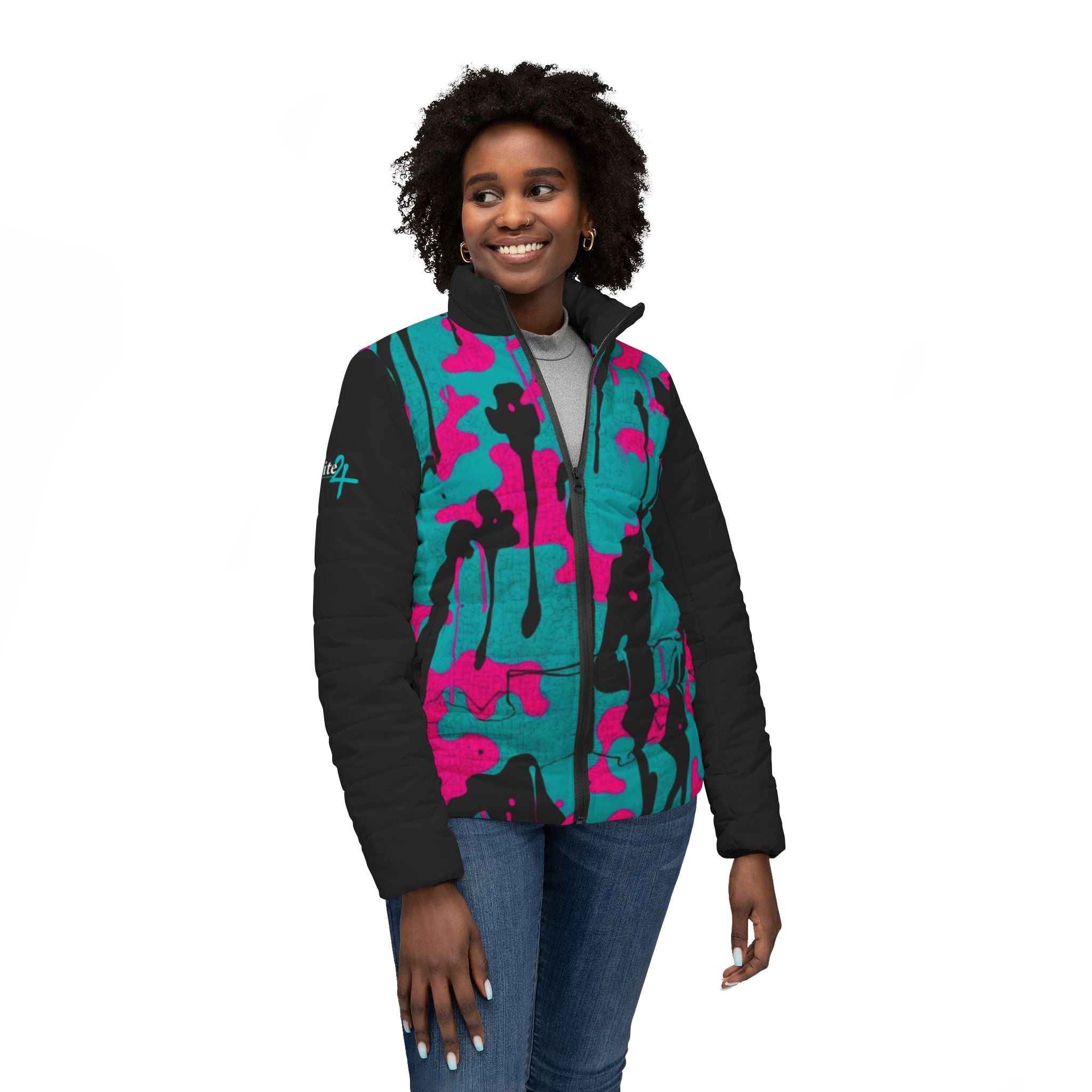 Women’s Pink and Teal Paint Splatter Puffer Jacket