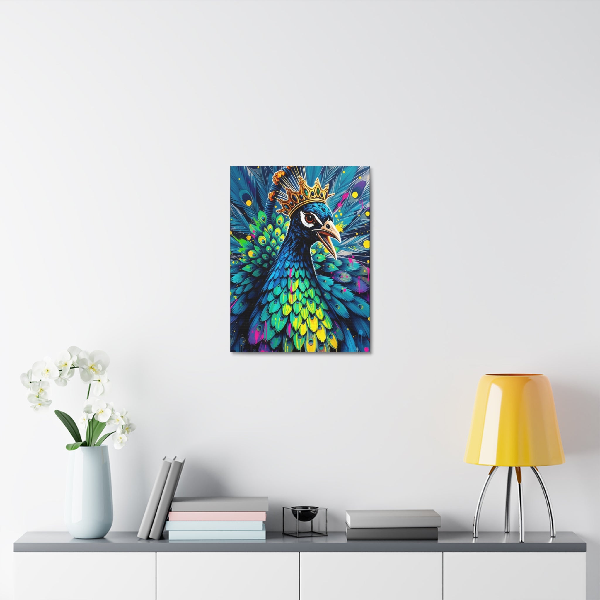 Peacock King Stretched Canvas – Vibrant Crowned Peacock Wall Art