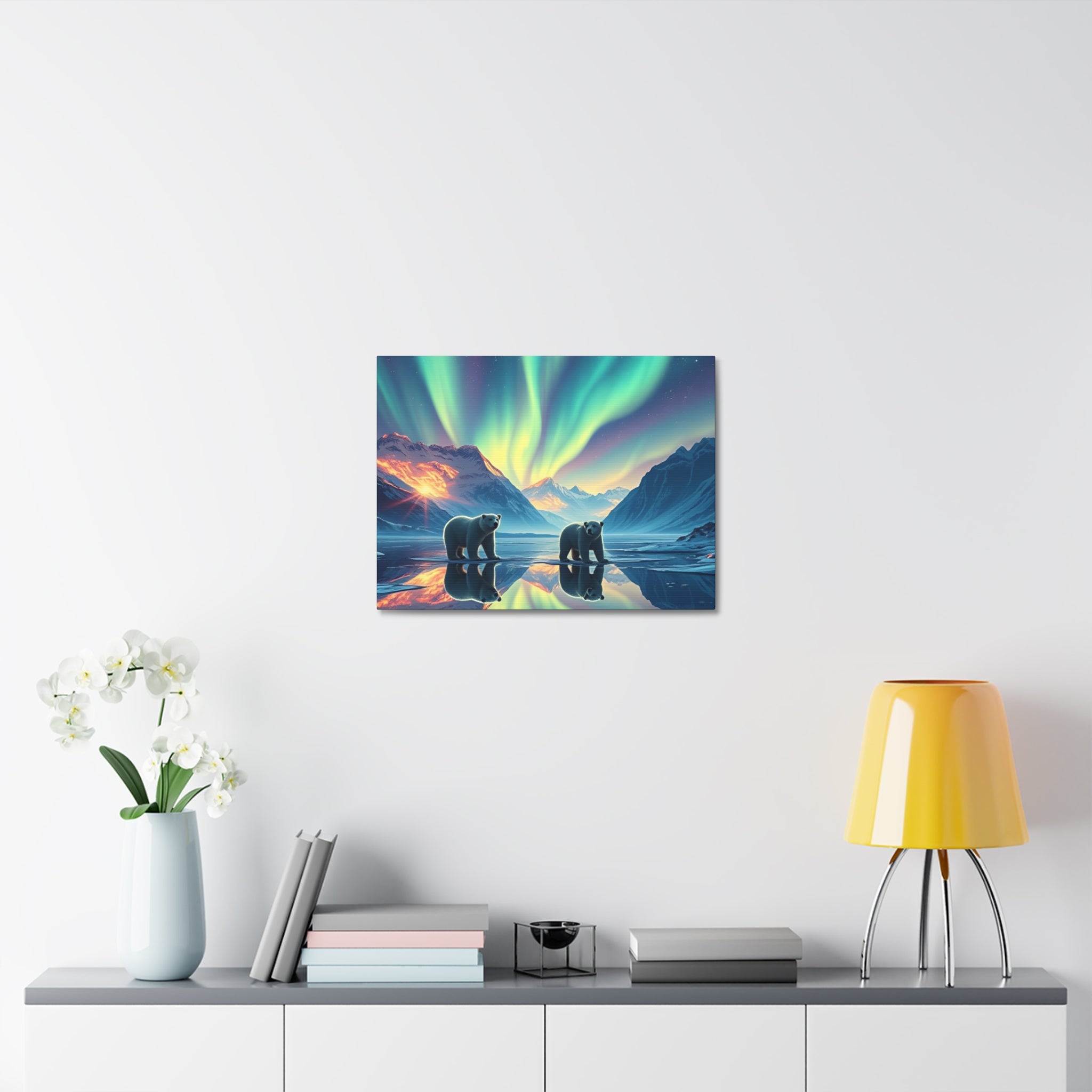 Aurora Polar Bears Stretched Canvas - Northern Lights Wildlife Wall Art
