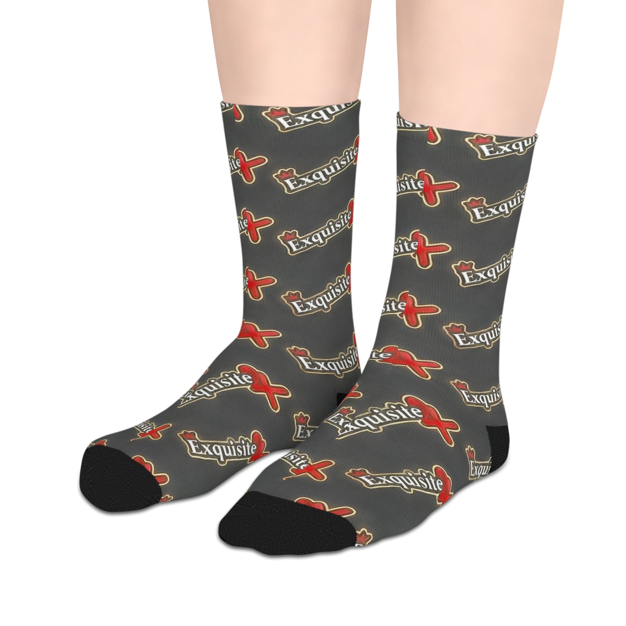 Exquisite 24 Logo Mid-Length Socks — Gray Patterned Crew Socks