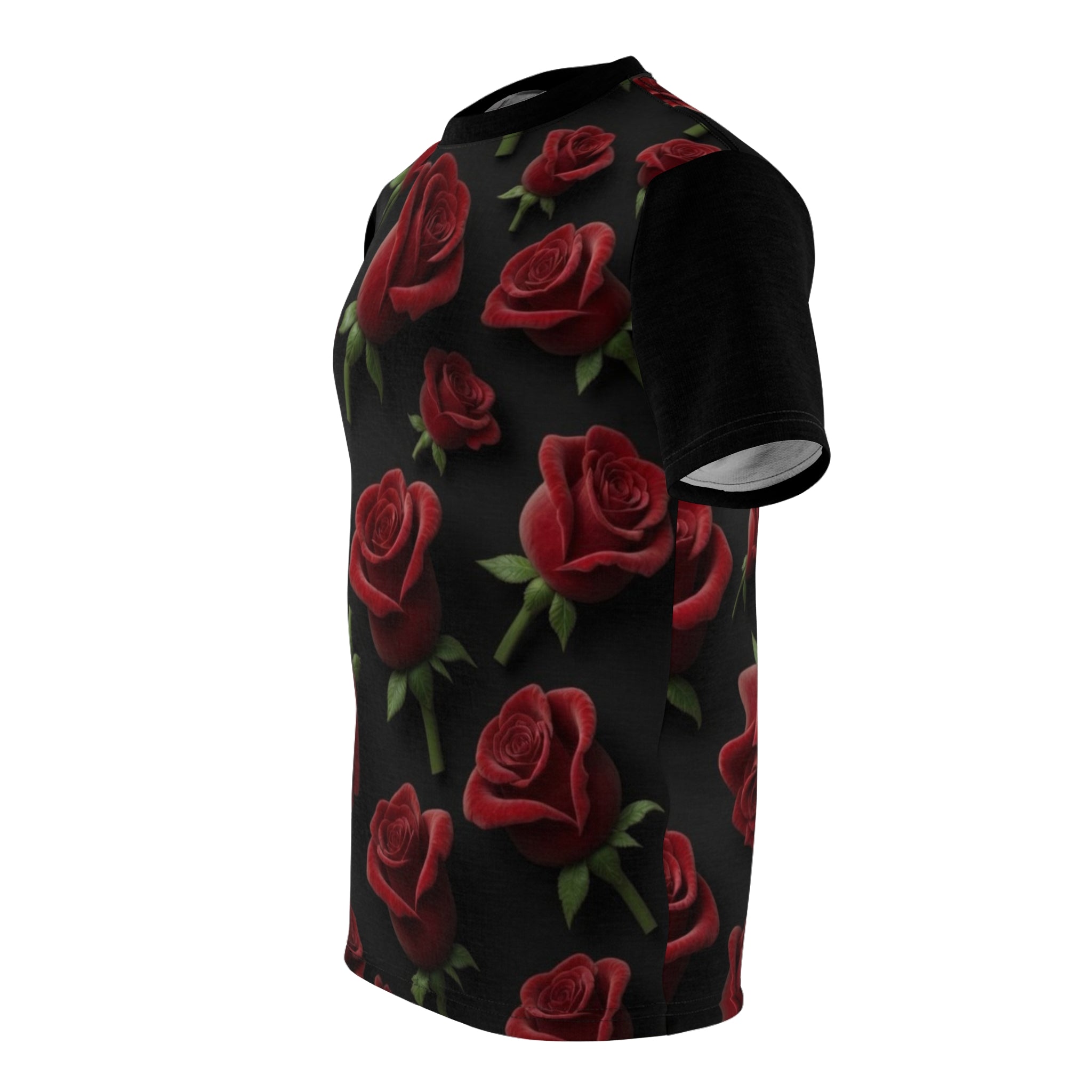 Rose Pattern Tee — Red Roses All-Over Print Black Graphic Shirt