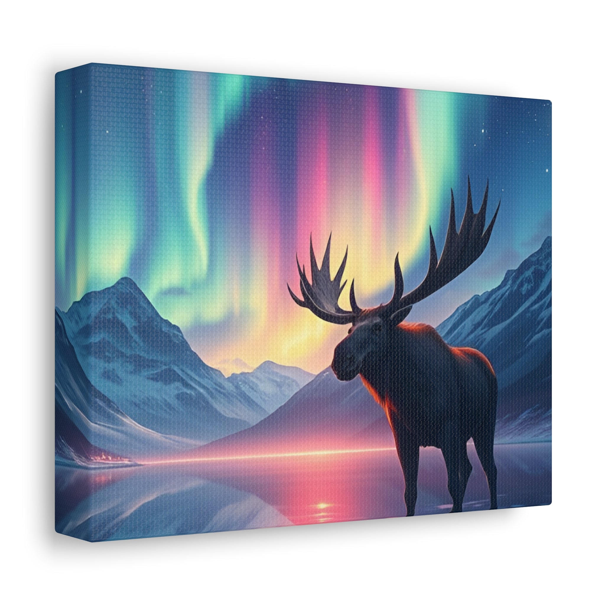 Aurora Moose Stretched Canvas – Northern Lights Landscape Wall Art