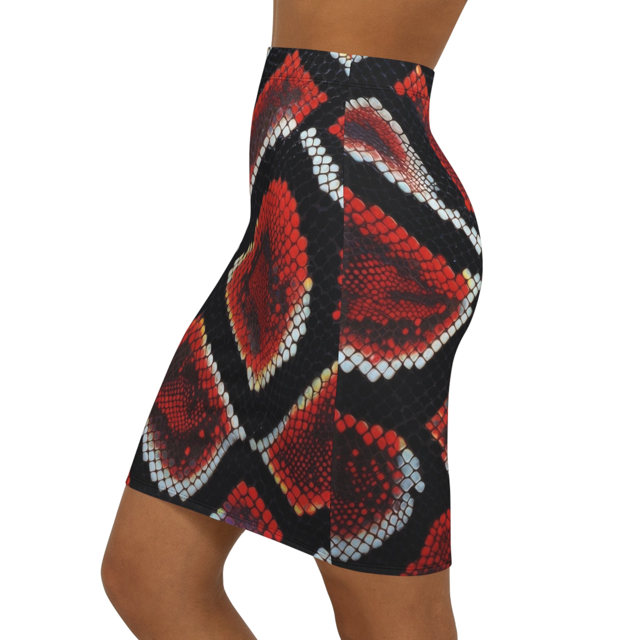Red Snake Print Pencil Skirt — Women's Mid-Waist Animal Print