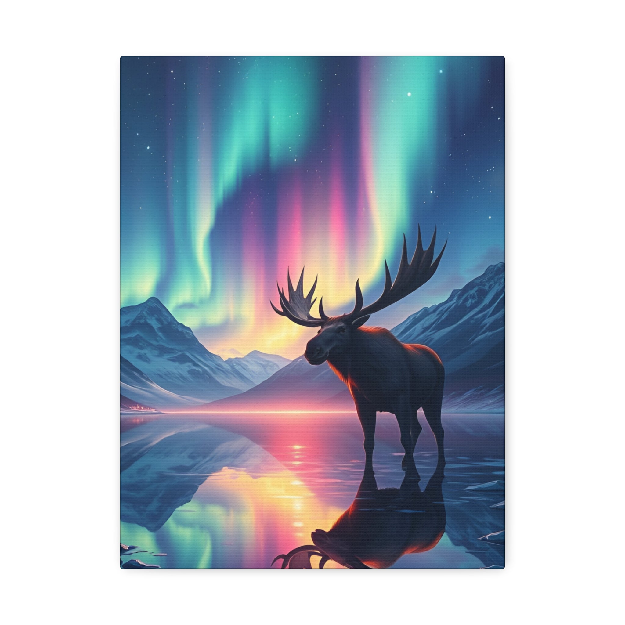 Aurora Moose Stretched Canvas – Northern Lights Landscape Wall Art