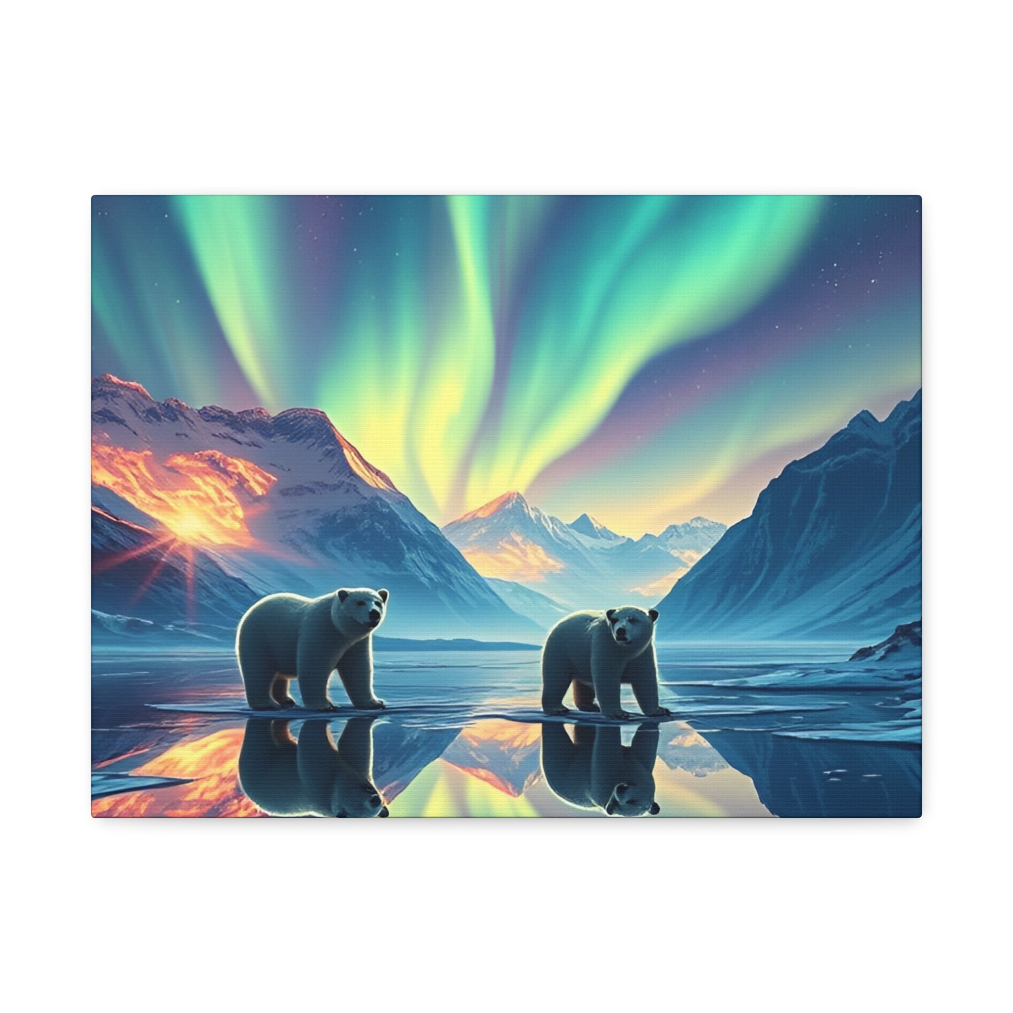 Aurora Polar Bears Stretched Canvas - Northern Lights Wildlife Wall Art
