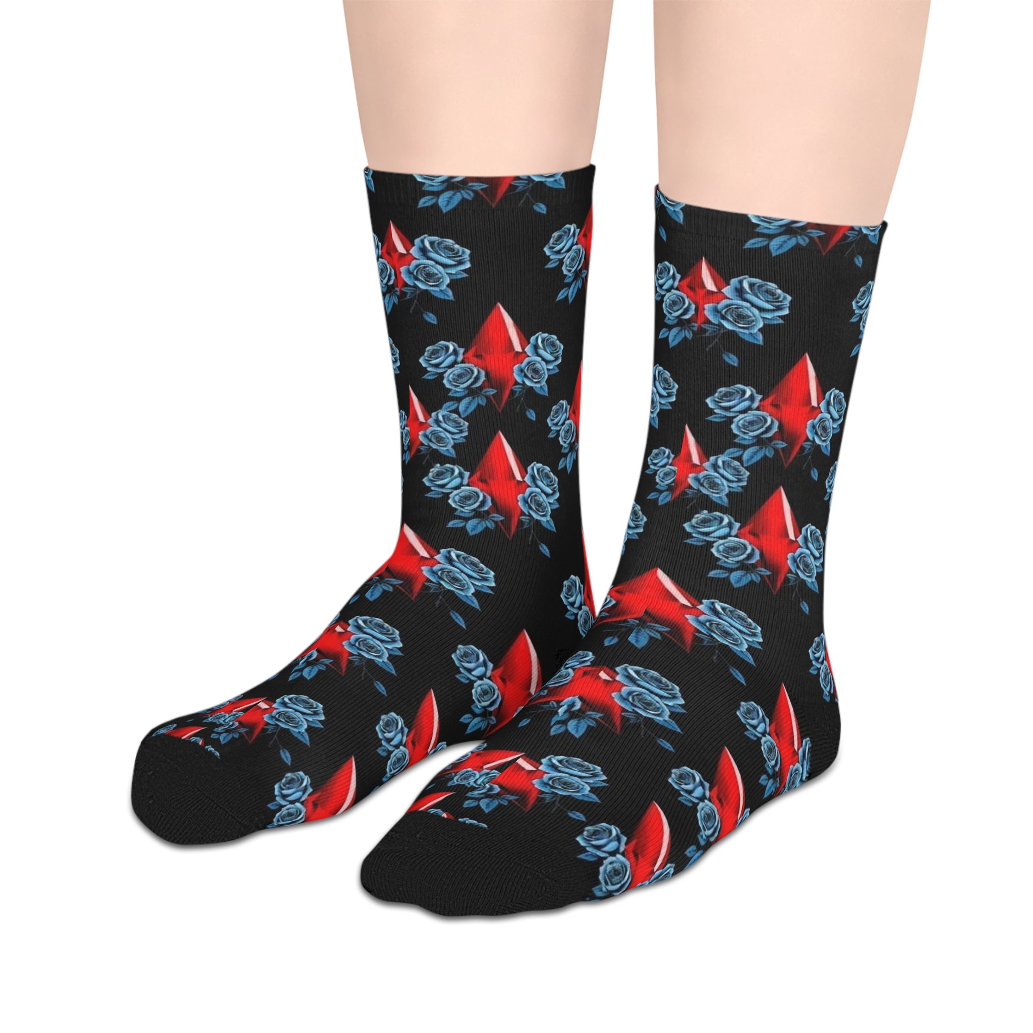 Mid-Length Socks — Red Diamond & Blue Roses Patterned Crew Socks