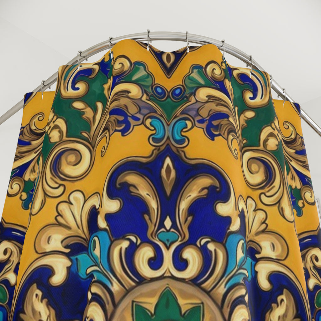 Bohemian Tile Shower Curtain — Golden Blue Moroccan Mandala Bath Decor