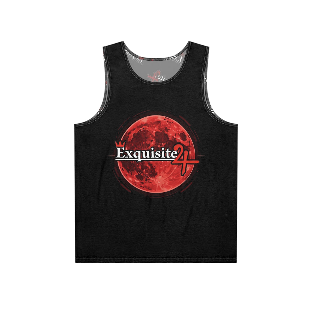Crimson Eclipse Men’s Tank Top — Moon and All-Over Logo Print Back