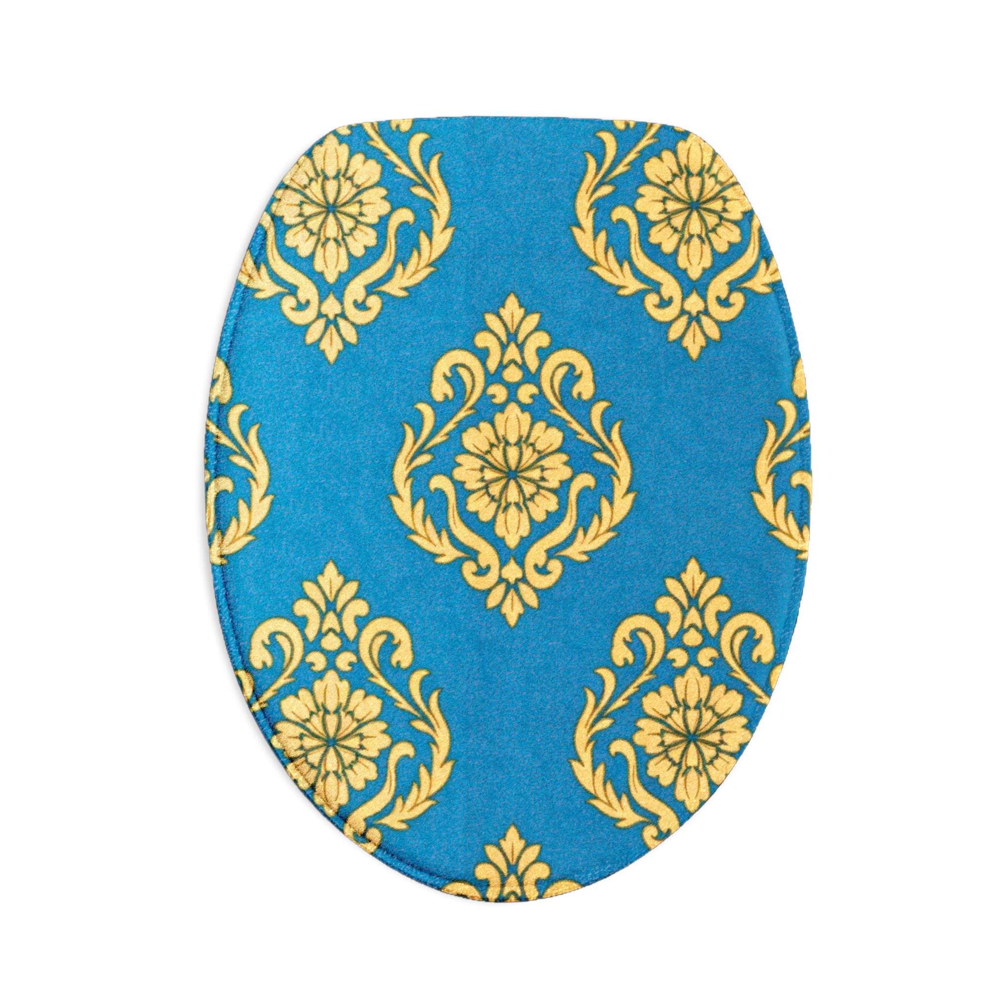 Blue & Gold Damask Toilet Seat Cover Set – 3-Piece Bathroom Rug & Lid Cover