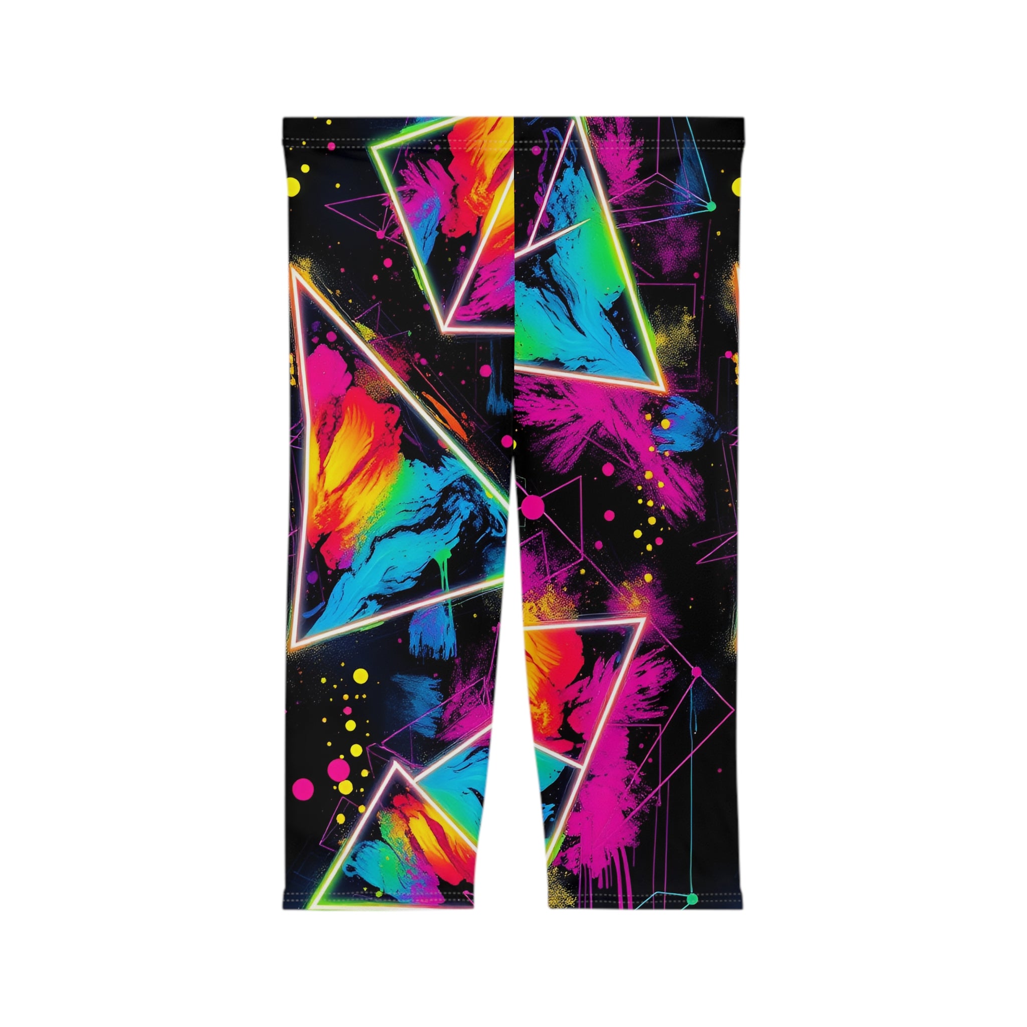 Neon Geo Splash Capri Leggings — Women's Vibrant Abstract Yoga Pants