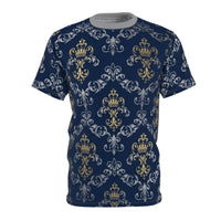 Royal Crest Pattern Tee — Navy Gold Damask All-Over Print T-Shirt