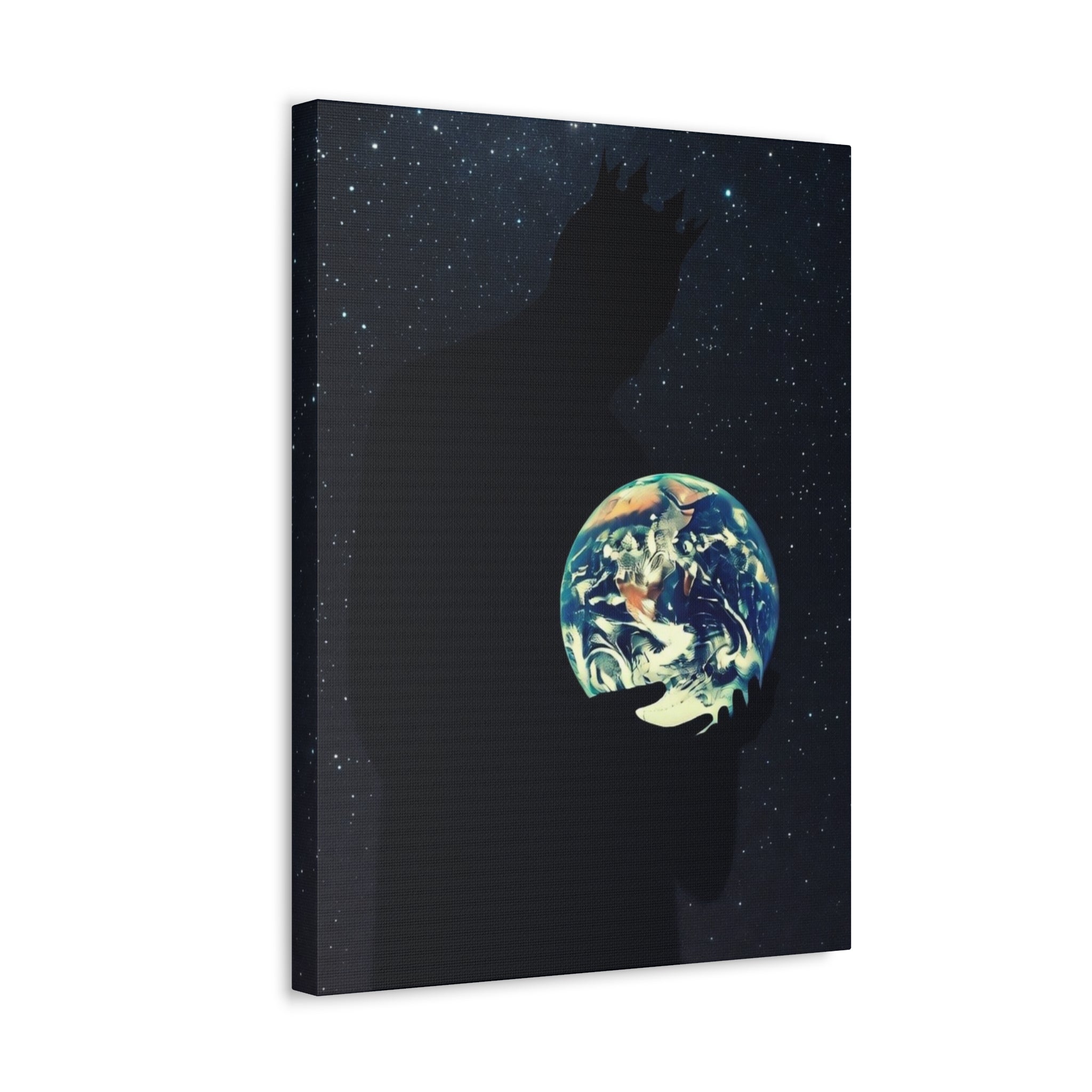Earth Embrace Stretched Canvas — Cosmic Silhouette Wall Art