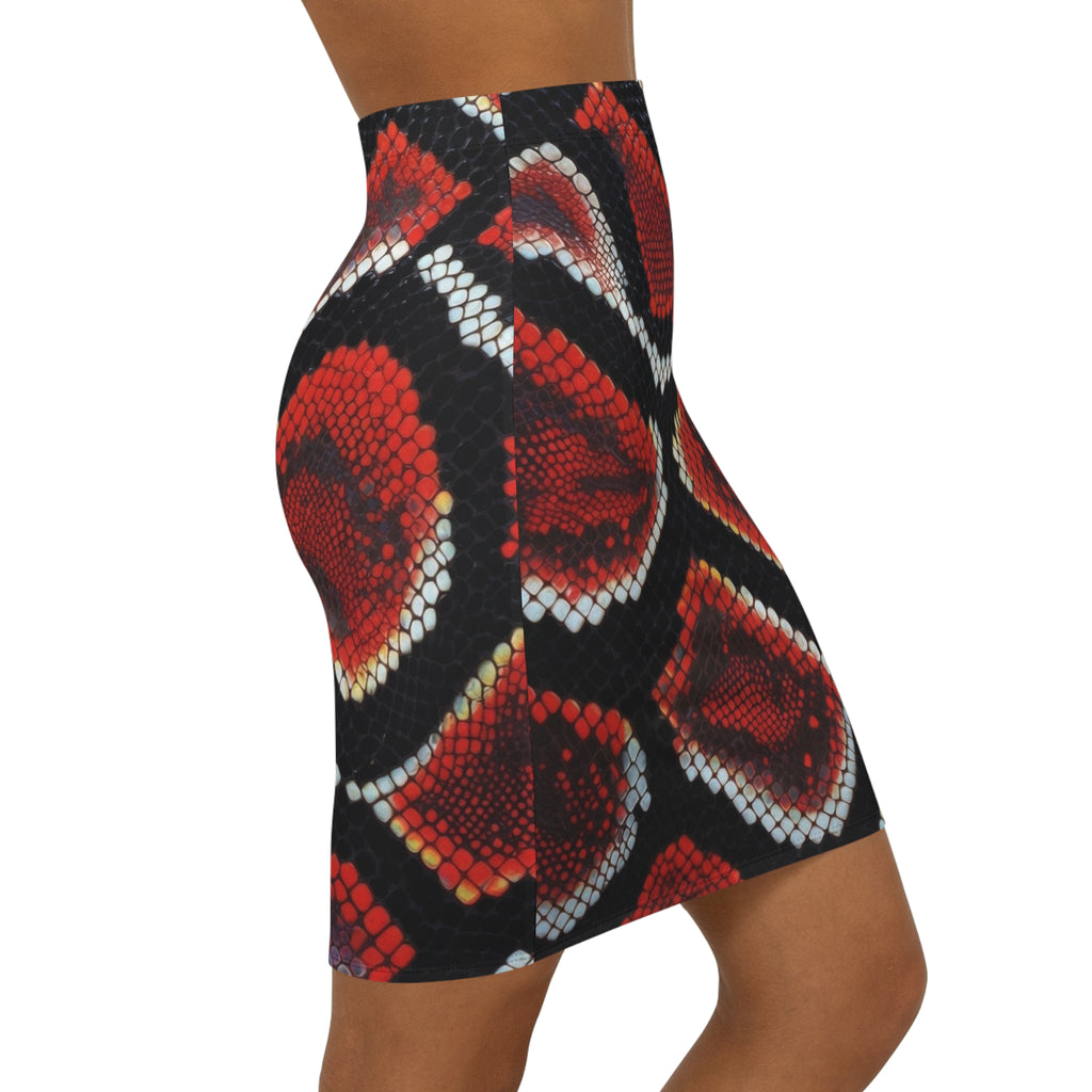 Red Snake Print Pencil Skirt — Women's Mid-Waist Animal Print