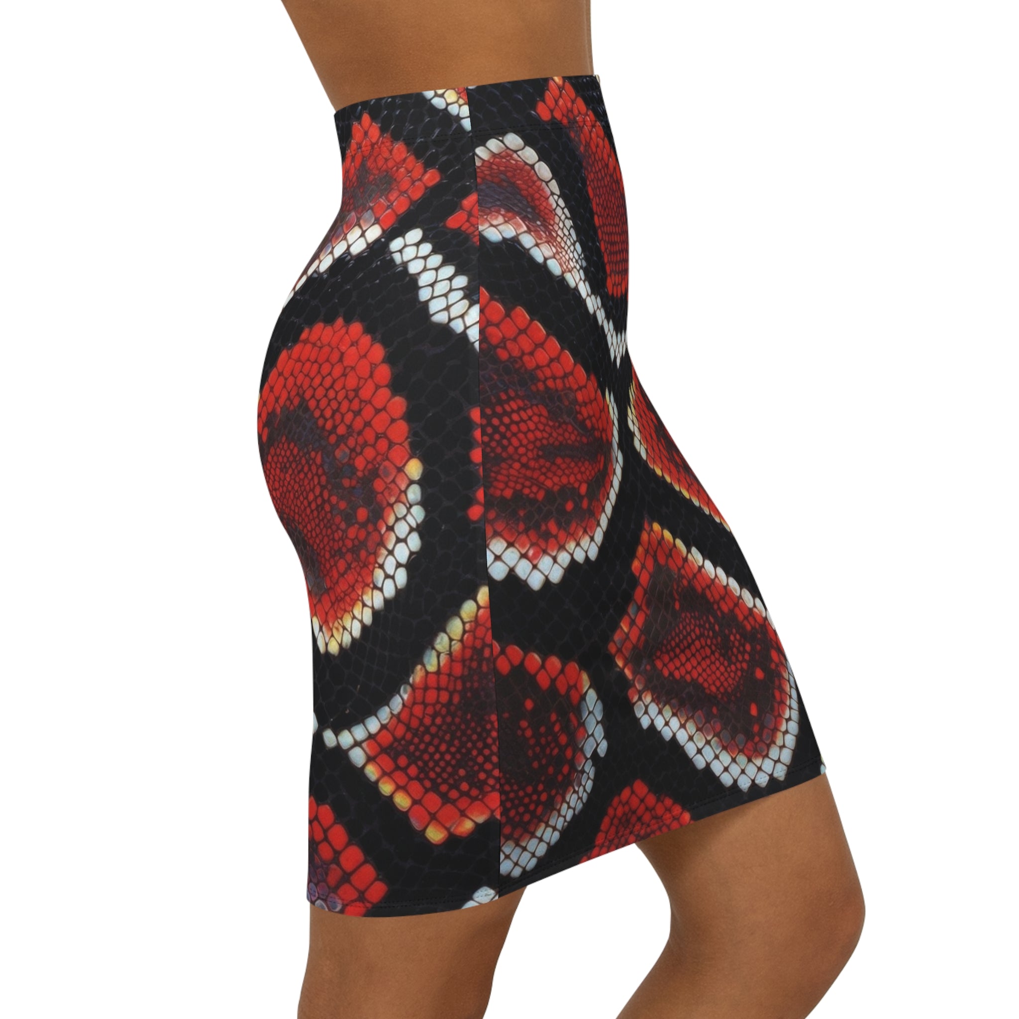 Red Snake Print Pencil Skirt — Women's Mid-Waist Animal Print