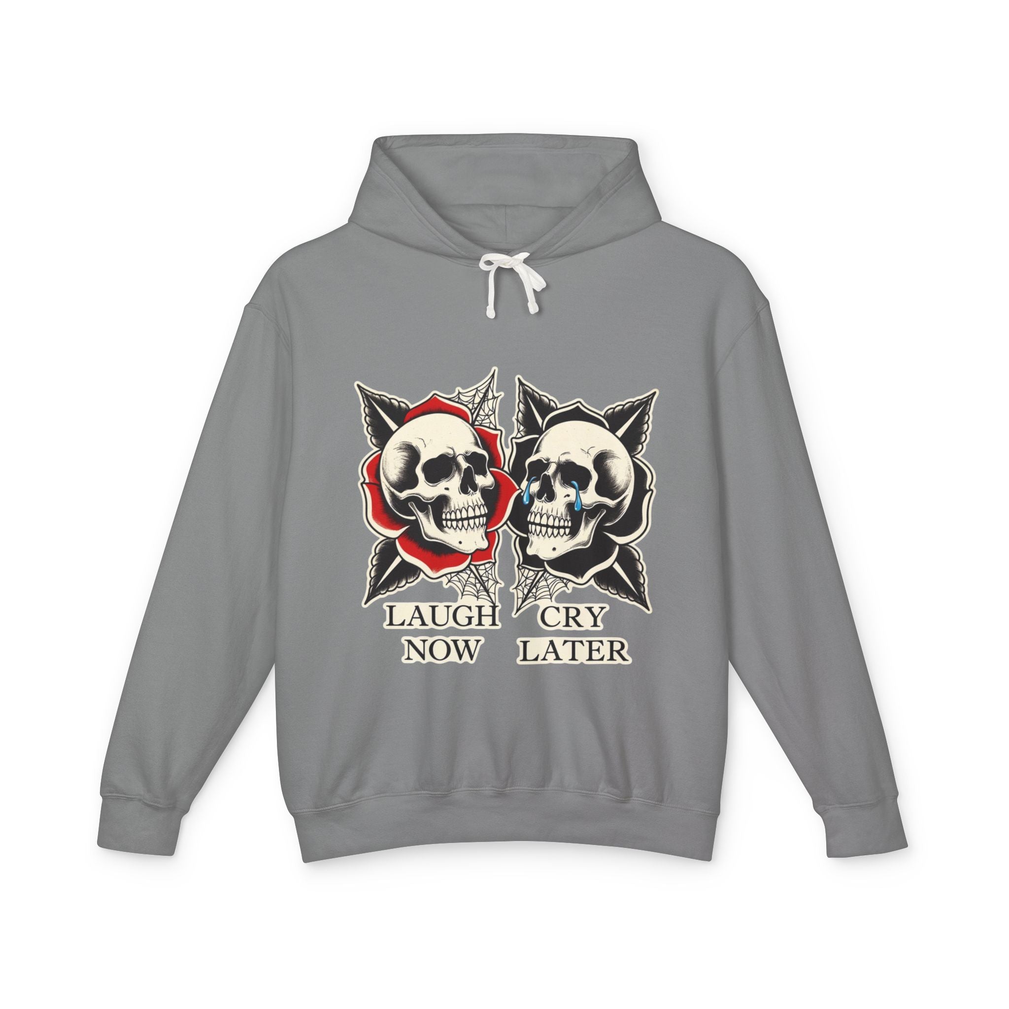 Laugh Now Cry Later Skull Hoodie — Vintage Expressive Skull Hooded Sweatshirt