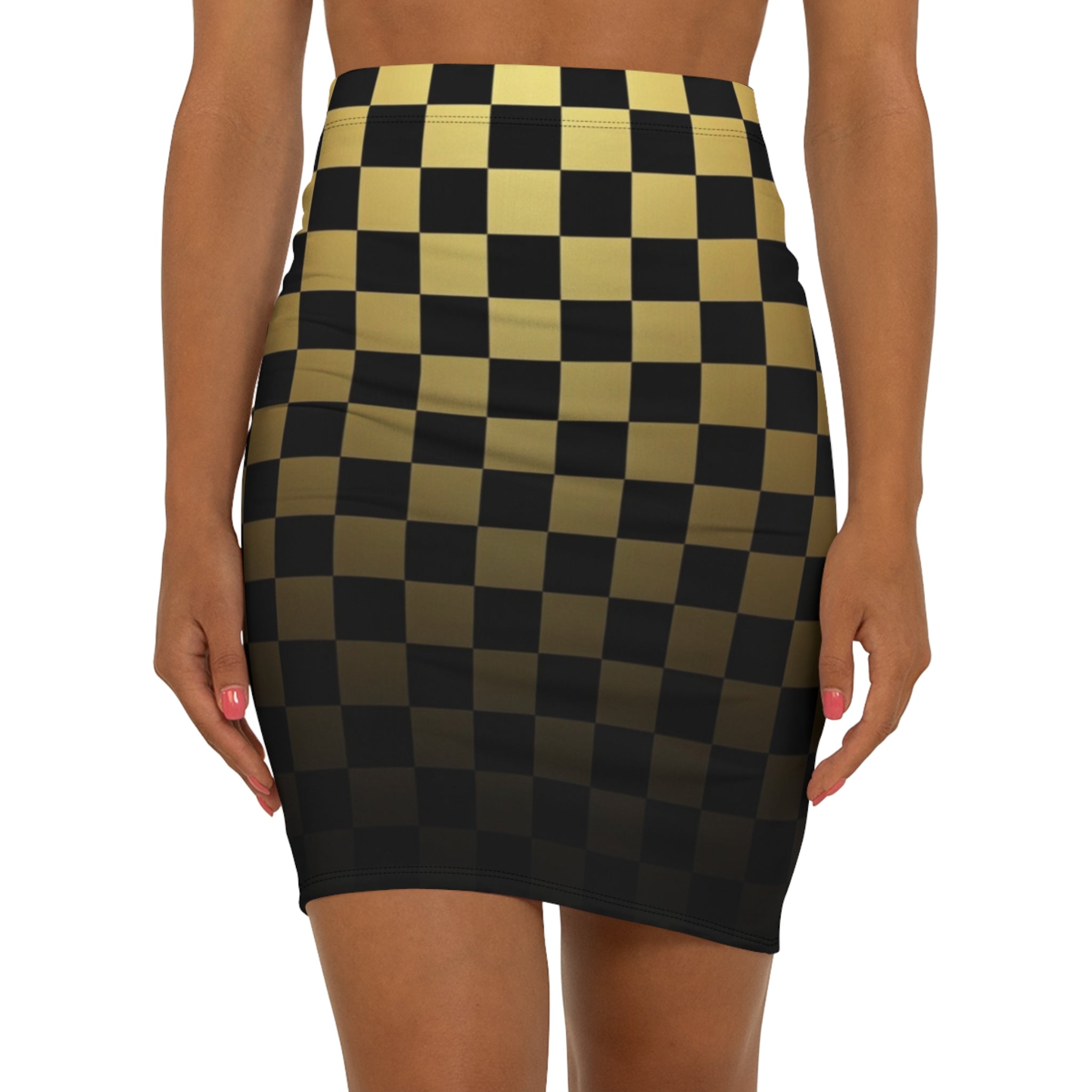 Gold & Black Checker Pencil Skirt — Sleek Retro Racing Pattern
